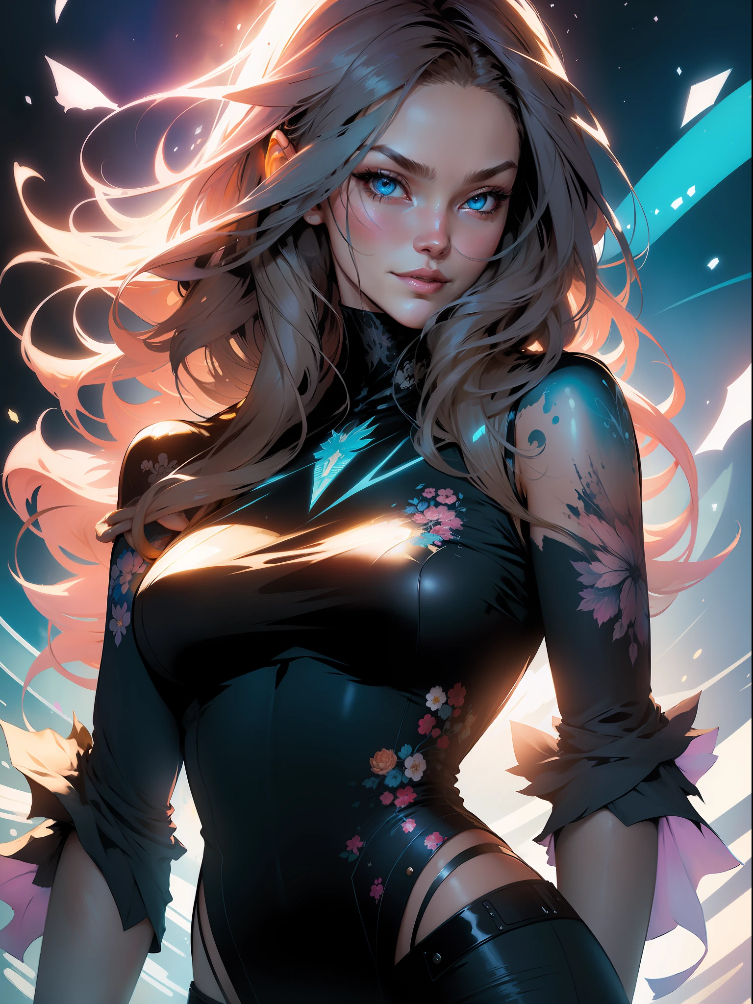 :: Comix Style by Joe Madureira :: Woman in black color, beautiful, perfect and detailed, ultra detailed shirt with black abstract design, with flower print on the sides of the dress, image of face smiling with air of confidence, with immersive effects, hover effect, background graffiti style with vibrant colors "HDR Ultra" detailed and with focus effect, (masterpiece: 1.2, best quality), (finely detailed beautiful eyes: 1.2), ((Beautiful Woman )),long, straight and full hair with brown color,with a natural shine ((Solo)), (Blue eyes:1.4), (Finely detailed eyes and detailed face with long eyelashes:1.3),), (With ultra detailed jeans and a shirt with full ultra detailed tribal tatoom print:1.3), (Beautiful and clear background:1.2), (Extremely detailed CG, Ultra-detailed, Best Shadow:1.1),("" character demonstrating his super power in the fist"")((Depth of field and blur)), ((Watercolor)), Large breasts, Bare shoulders, Flowers and petals, Beautiful conceptual illustration , (white background:0.5), (Illustration :1.1), (extremely thin and beautiful: 1.1), (perfect details: 1.1) graffiti style background, freedom, soul, digital illustration, perfect anatomy, centered,, dynamic, highly detailed, watercolor painting, artstation, concept art, smooth, sharp focus, illustration, art by flesh Griffiths and Wadim Kashin, heterochromia, perfect anatomy, centered, approaching perfection, dynamic, highly detailed, character sheet, artstation, concept art, smooth, sharp face focus, art by Kim Jung Gi,, Artgerm, Carne Griffiths and Wadim Kashin, Sasha Yakovleva, Loish, Jeremy Mann, Full Body Shot, character sheet, lightning wave, beautiful anime watercolor painting, dripping paint by Tim Okamura, Victor Nizovtsev, Greg Rutkowski, Noah Bradley. Trend in Artstation, 8K, masterpiece, graffiti paint, fine detail, full of color, intricate detail, golden proportion illustration, (Background with dragon mecha extremely