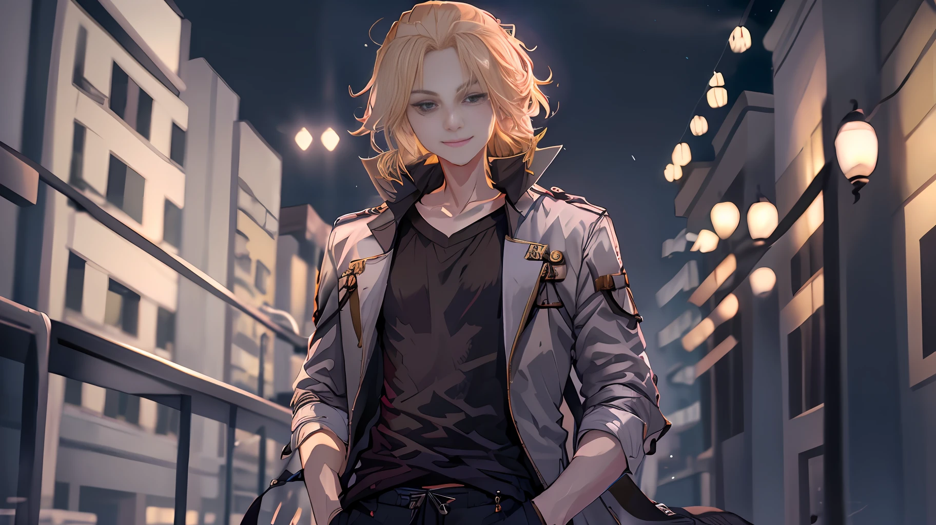 tall detailed, 8k, highres, mikey, manjiro_sano, tokyo_revengers, 1boy, solo, black pants, male focus, shirt, blonde hair, mouth closed, pants, smile, white shirt, black eyes, cowboy shot, hands in pockets, looking at viewer, standing, jacket, medium hair, black jacket, black jacket, coat, :d, collarbone, shoulder coat, gray shirt