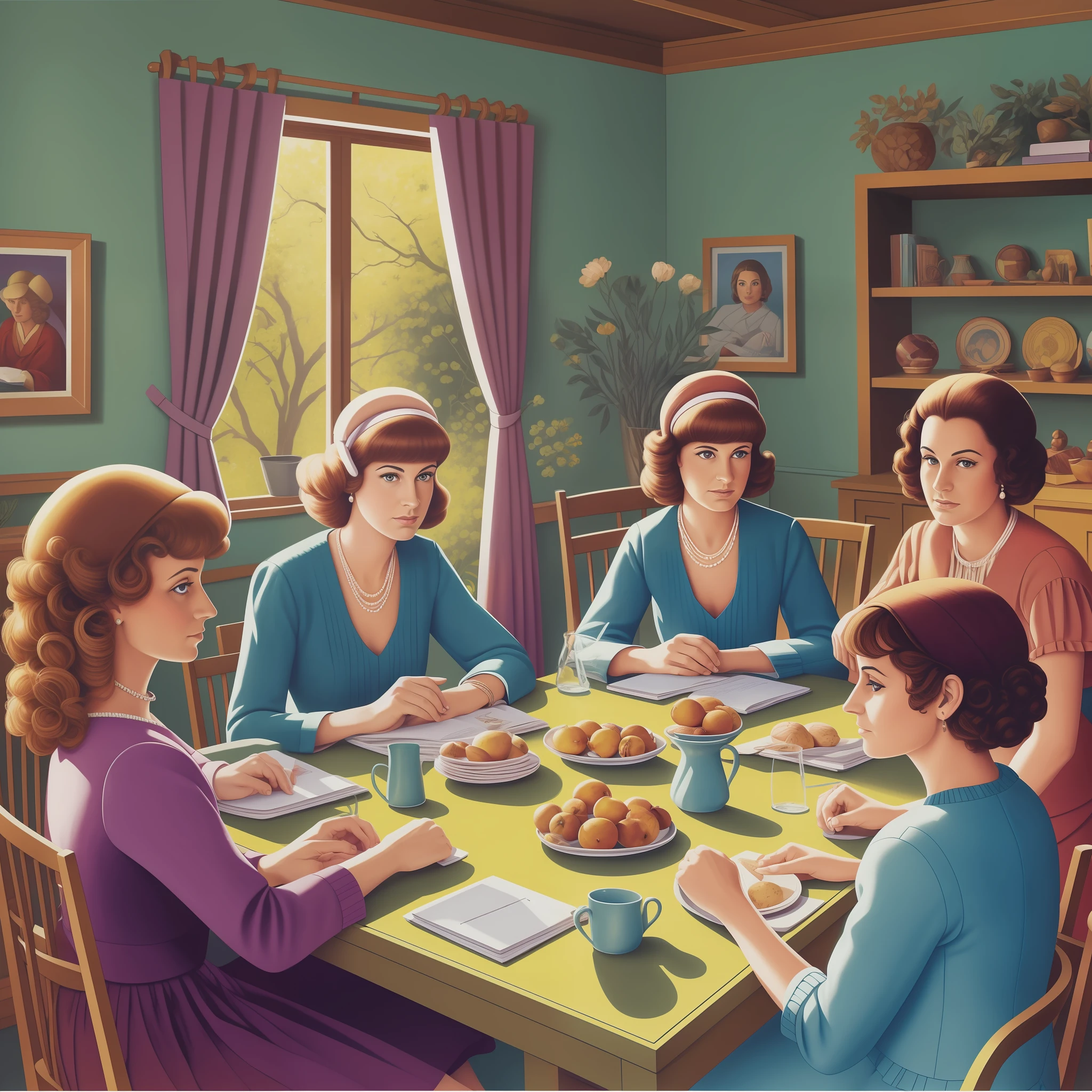 arafed image of a group of women sitting around a table, by Pamela Drew, by Leland Bell, by Lisa Milroy, by Myra Landau, by Leonard Daniels, by Liza Donnelly, over the tree tops, by Daniel Lieske, by Leila Faithfull, by Jeka Kemp, an album cover, by Elaine Hamilton, daniel clowes