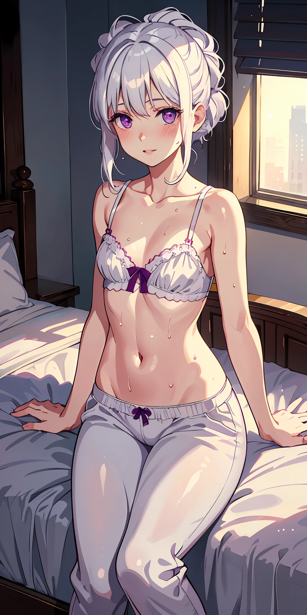 1girl, white hair, purple eyes, parted lips, blush, makeup, light smile, bed, underwear, pants, chest, middle school, small, sweat, wet, rays, light, light, thighs, collarbone, narrow waist, (masterpiece),