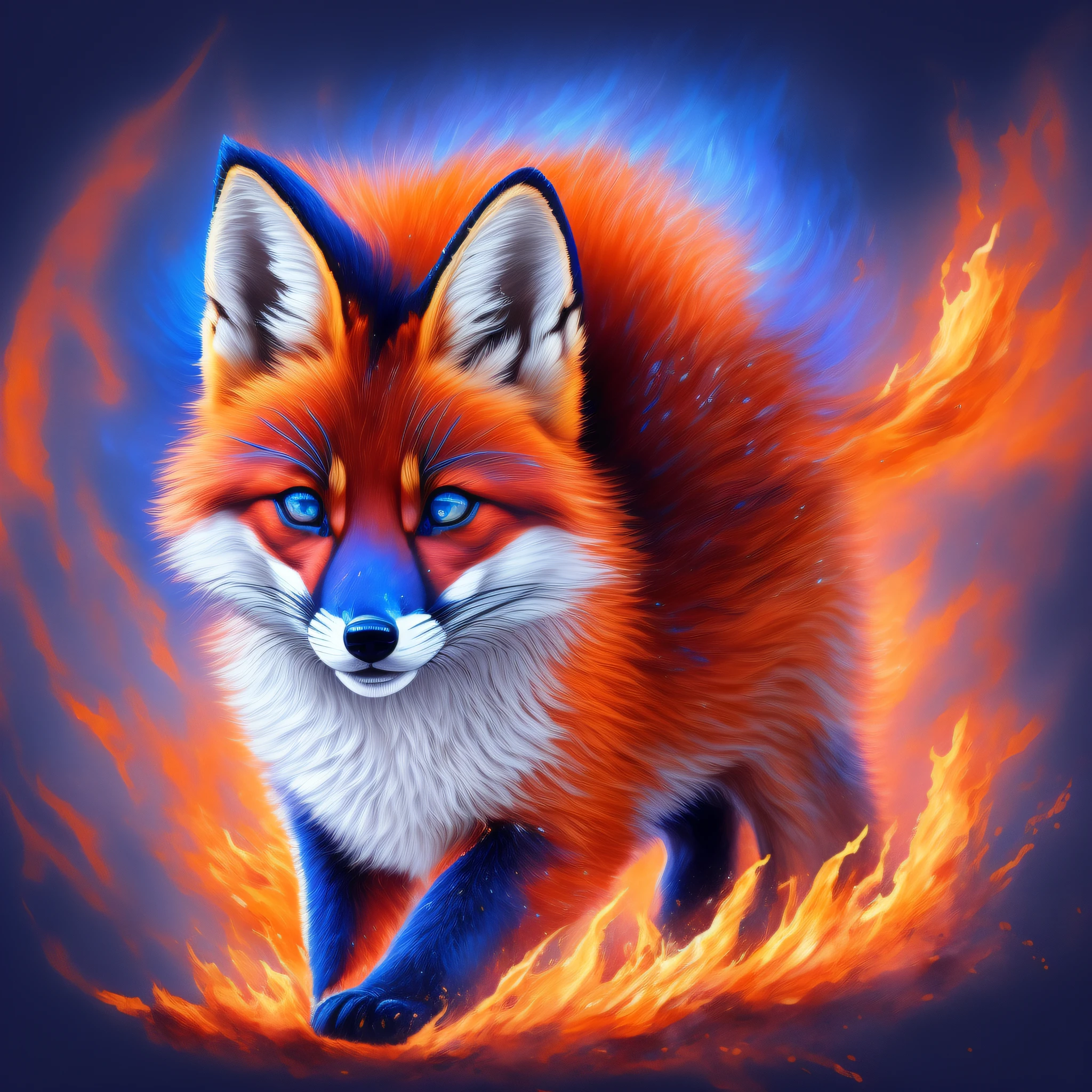 CG art, fiery fox cub, with blue eyes rushing, dark background paint stains