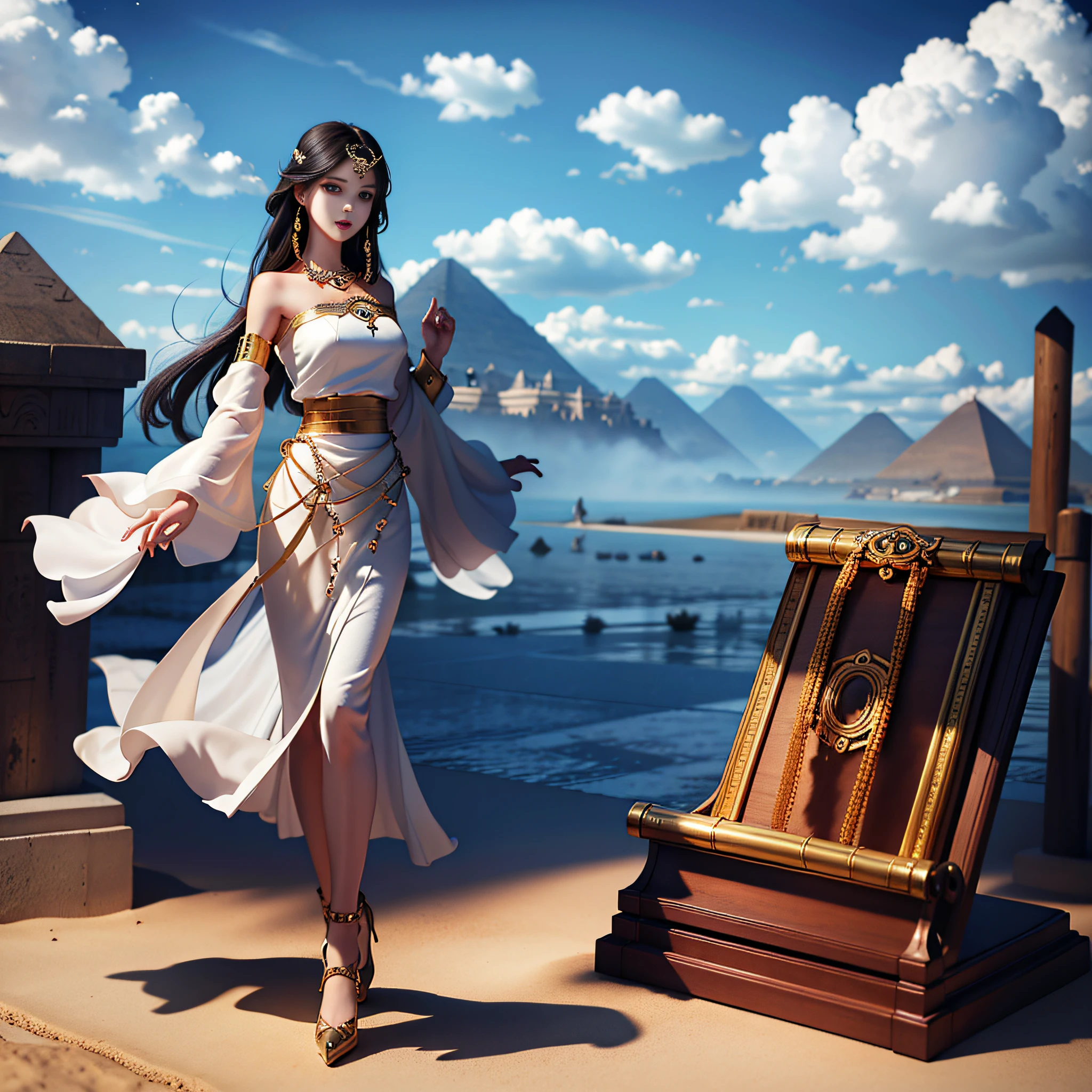 masterpiece, best quality,1girl, black hair, solo, beautiful eyes, long hair, jewelry, necklace, dress, bare shoulders, bracelet, wide sleeves, cloud, blue sky, day, hair tubes, standing, beautiful hand, 5 fingers, full body, pyramid, desert