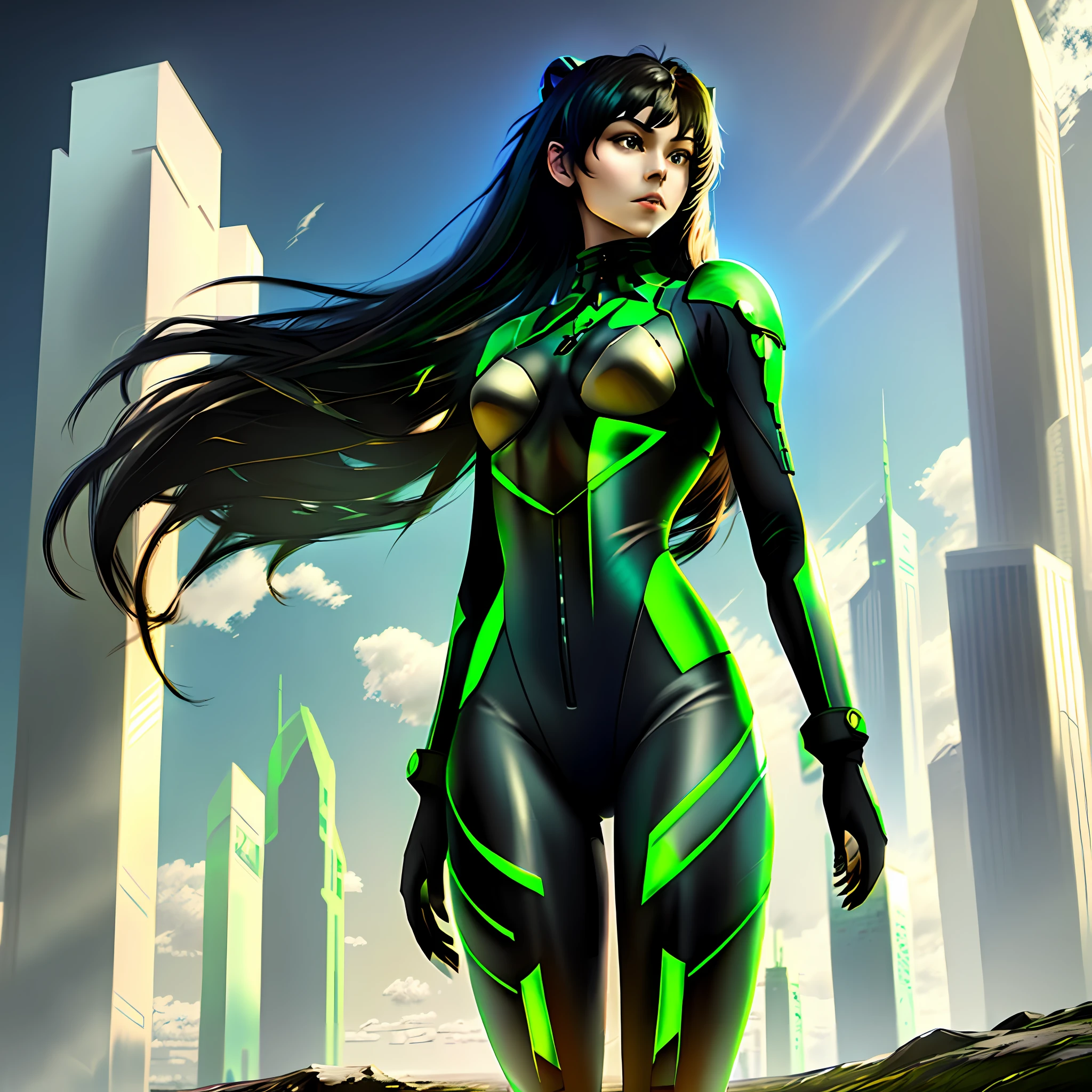 Tall beautiful woman with black hair in green futuristic armor