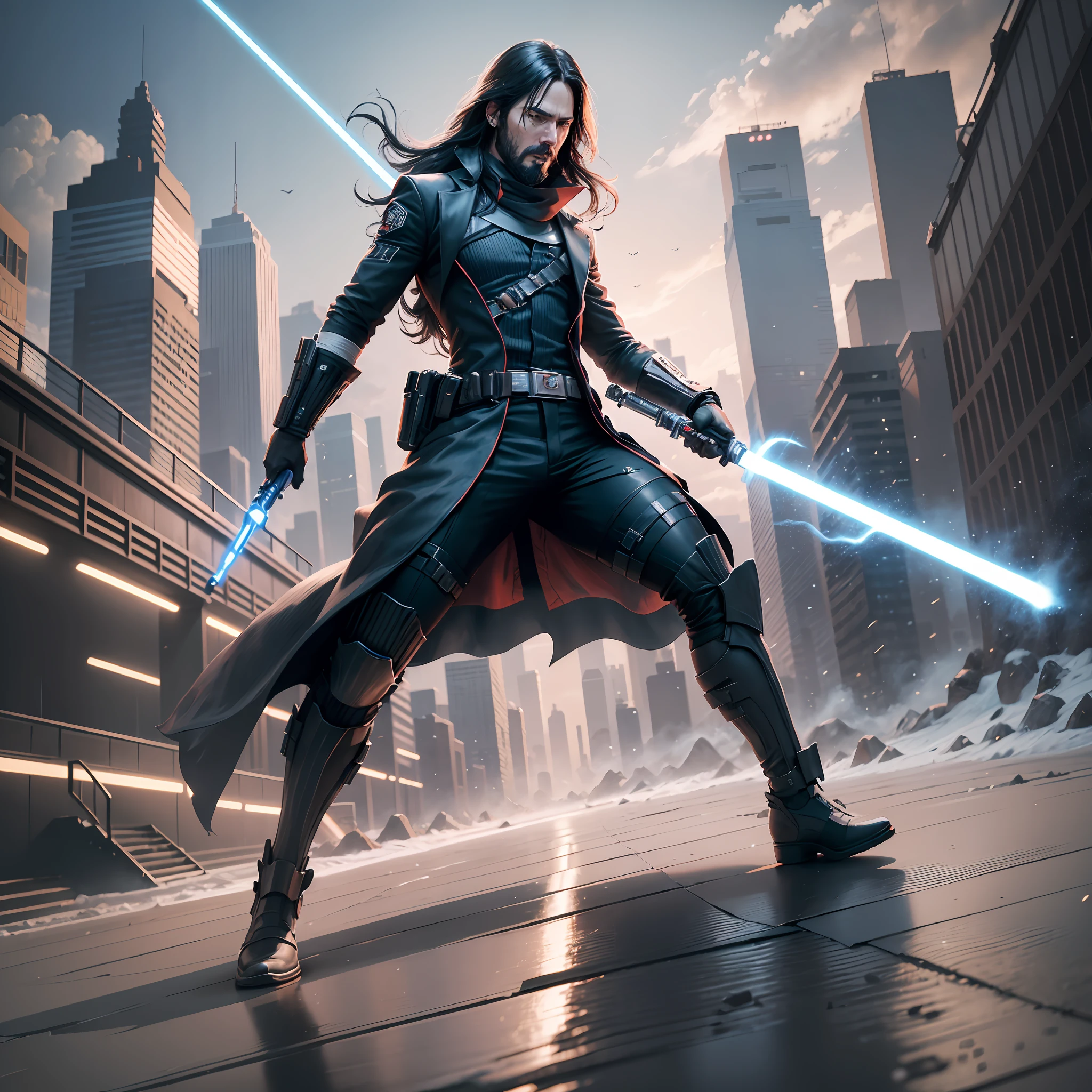 (pt) Create a masterpiece that fuses the intensity of "John Wick" with the epic universe of "Star Wars". Best quality, ultra-detailed CG unity 8k wallpaper. Dark, shadowy scenes with intense action and martial arts choreography featuring iconic lightsaber battles. Dynamic angles, imposing characters, breathtaking set pieces, and stunning special effects. Let the force of this fusion fly! --auto --s2