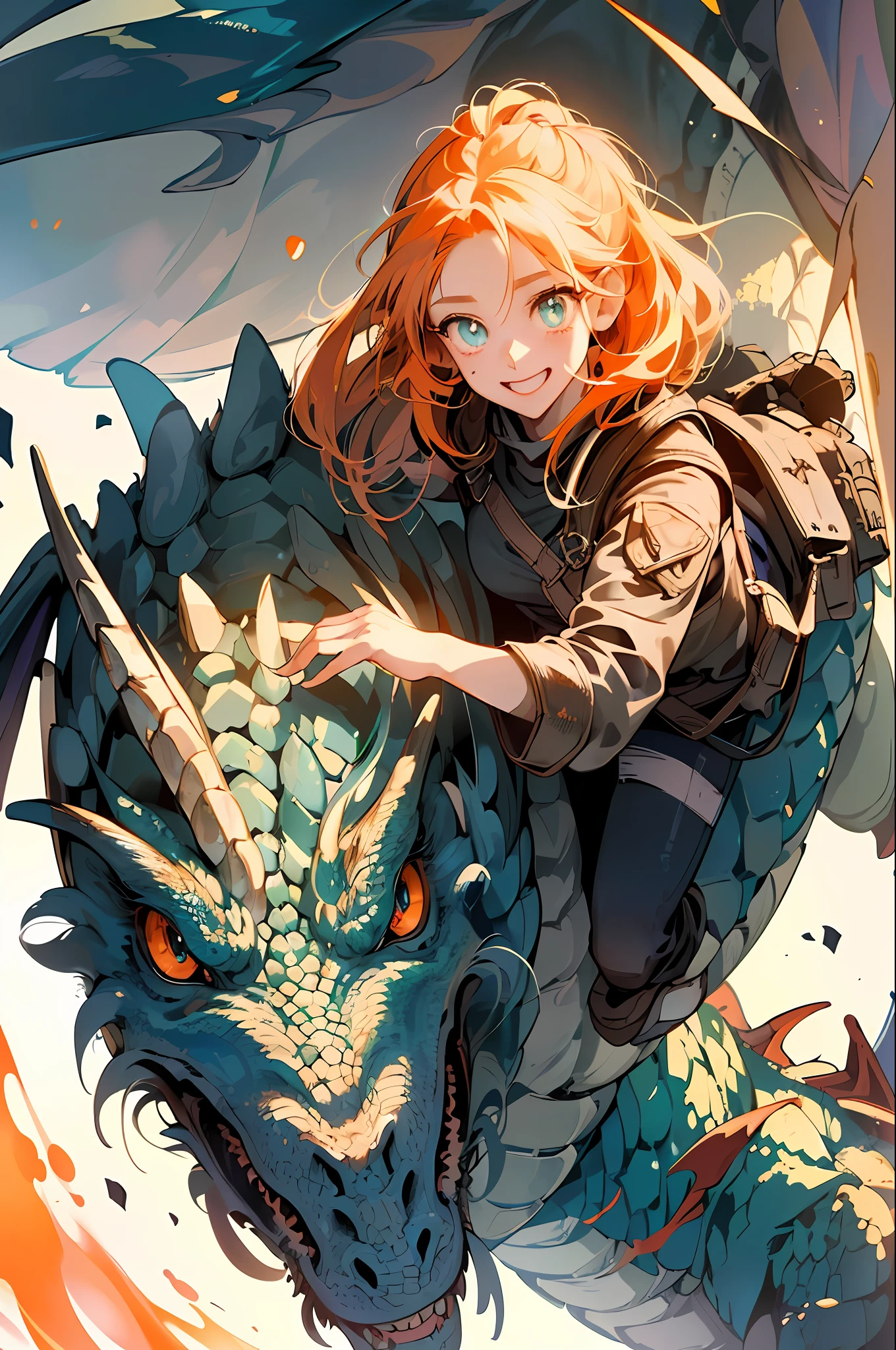 ((8K Ultra HD quality)) Girl riding on the back of a dragon 3D square,((masterpiece))), (((best quality))), ((ultra-detailed)), ((highly detailed CG illustration)))), ((extremely delicate and beautiful face)),(masked ), cinematic light, absurd clothes,ung girl,( (character sheet)), concept art, ((full height)), (masterpiece:1.2), (best quality:1.3), (single background, white background: 1.3),( CHARACTERS OF THE POST-APOCALYPTIC WASTELAND WORLD)))), (( Characters WANDERERS RAIDERS)), (( MAD MAX concepts))))), (( beautiful face)), (( quality face)), ( beautiful anime eyes of the characters))) , ( high-quality anime eyes of the characters), (((quality anime pupils)), ((beautiful anime pupils)), (( beautiful shape of anime eyes)) , (( beautiful shape of anime pupils)), (( all faces with anime eyes)), ( simple anime eyes of the characters))), (very erotic pose), bright hair, ((SMILE)))) , ( the universe of the post-apocalyptic world) ,((excited face)))), ((comic)), (((A girl flies riding a dragon))), ((((A dragon is three times larger than a girl))))
