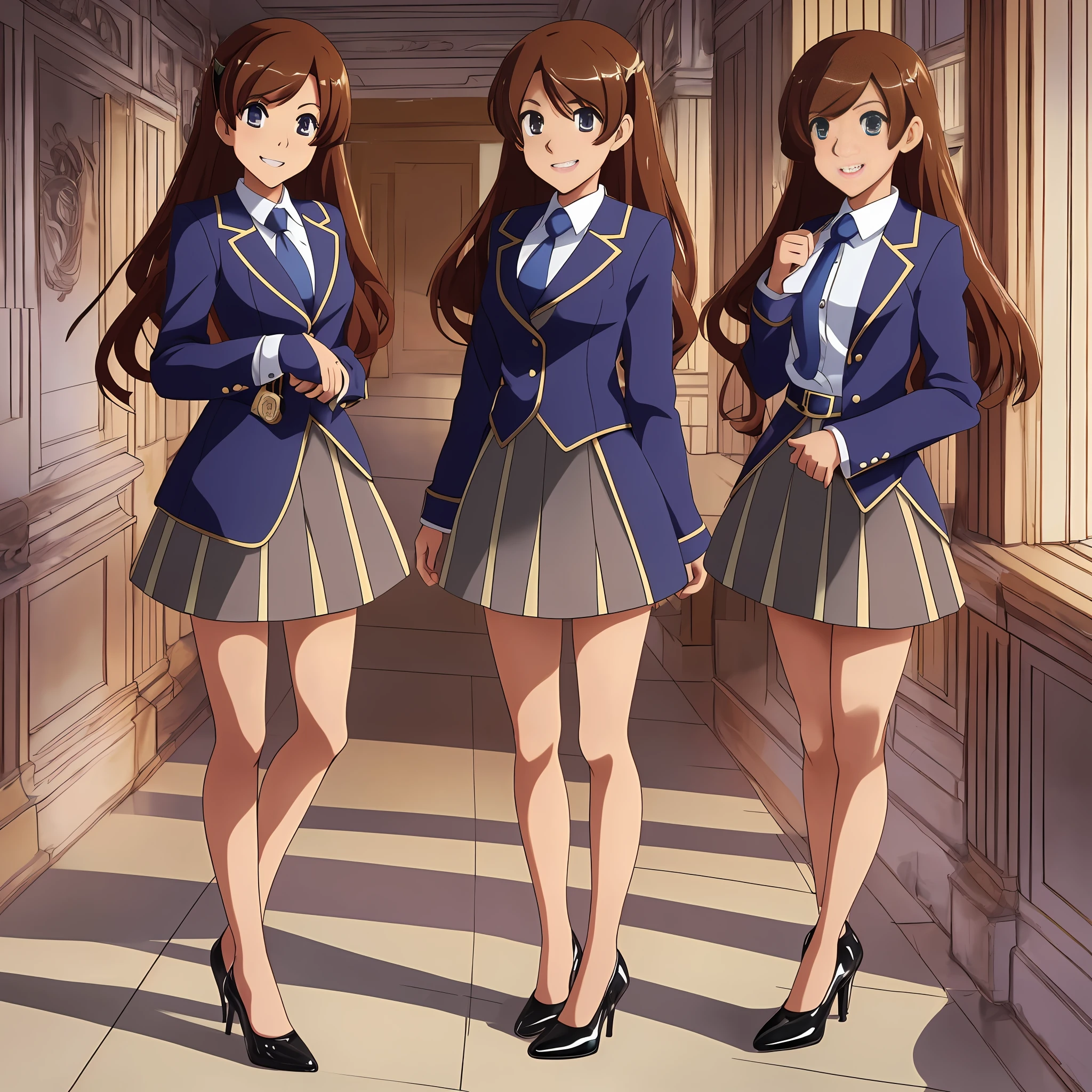 perfect anime illustration, multiple girls, clones, identical sisters, brown hair, curly hair, long hair, matching hairstyle, hazel eyes, smiling, blue skirt suit, pencil skirt, black high heels, matching outfits, highres, bedroom, full body, bare legs, neat rows of sisters, neat columns of sisters, sisters standing in formation, sisters in background