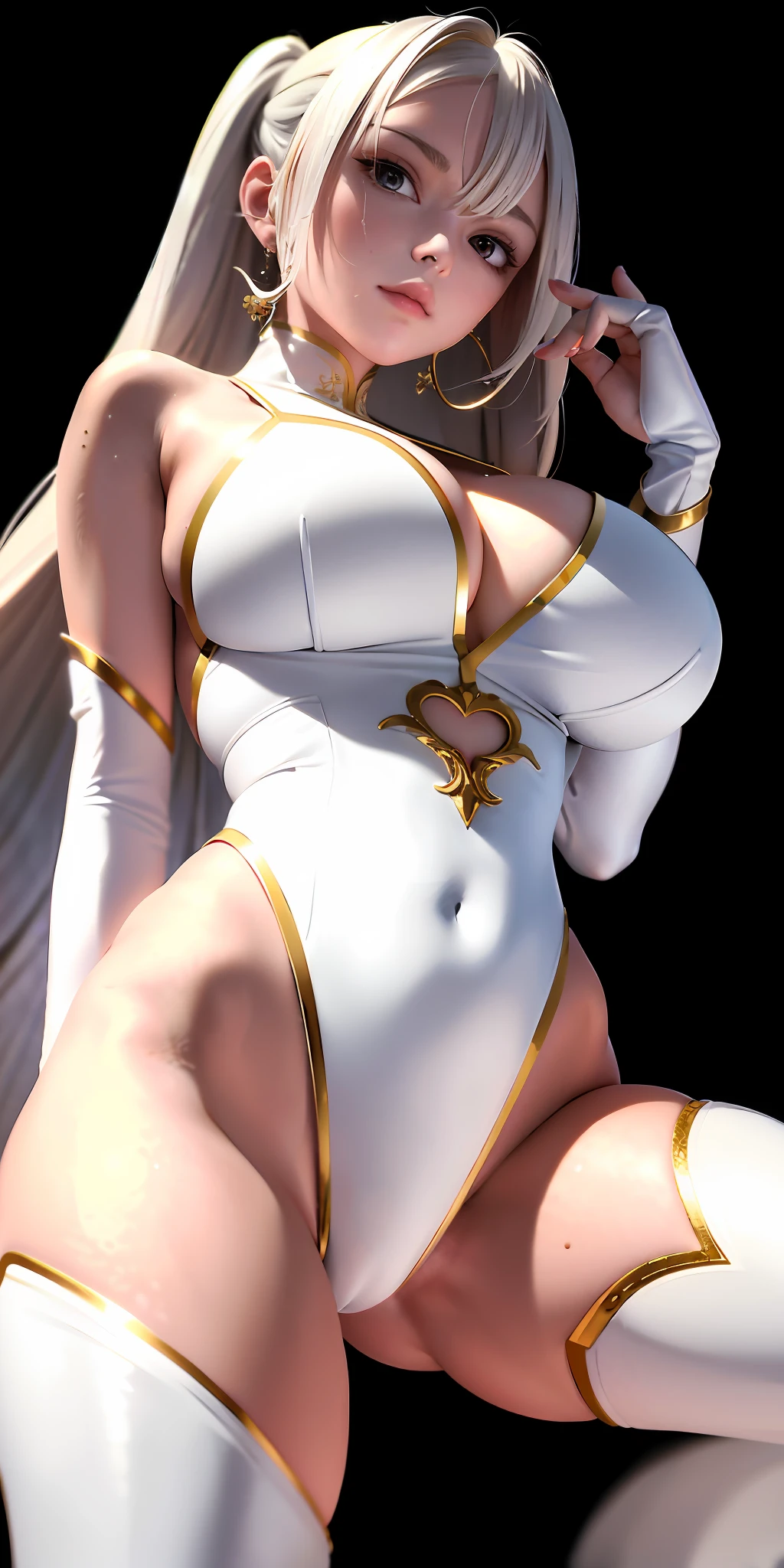 Top quality, masterpiece, gold-eyed, white sexy clothes, looking up, fair skin, side blades, huge breasts, stunning lower body, wavy light gray hair, raised bikini, metal accessories, one girl, imitation cleavage, sweaty skin, open legs, hands in the crotch