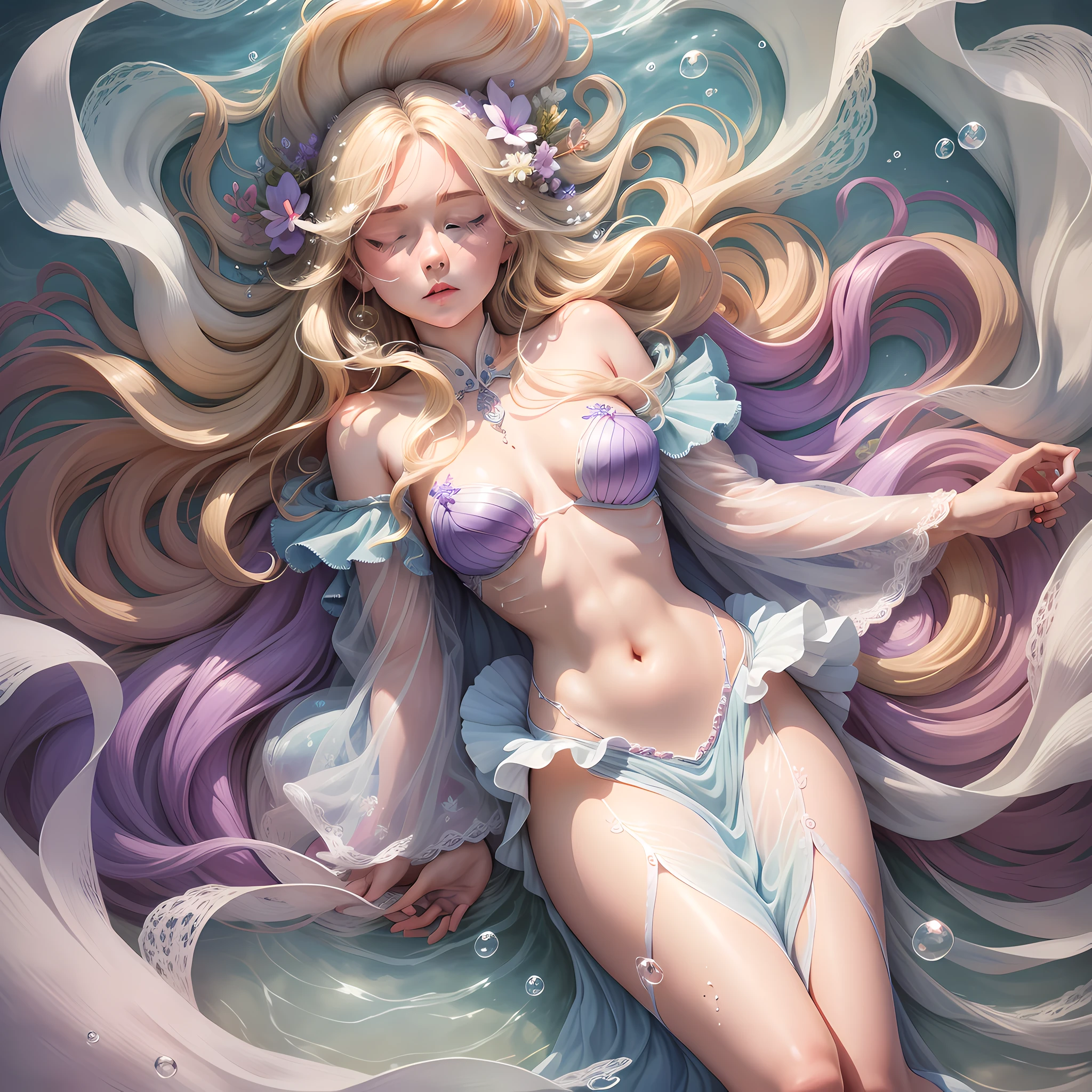 "Better quality, extraordinarily detailed illustration. Floating on his back, in a dreamy sea, eyes closed, a trail of gently flowing air bubbles, hair of multiple colors: blonde, red, purple and blue, billowing white clothes, like a mermaid."
