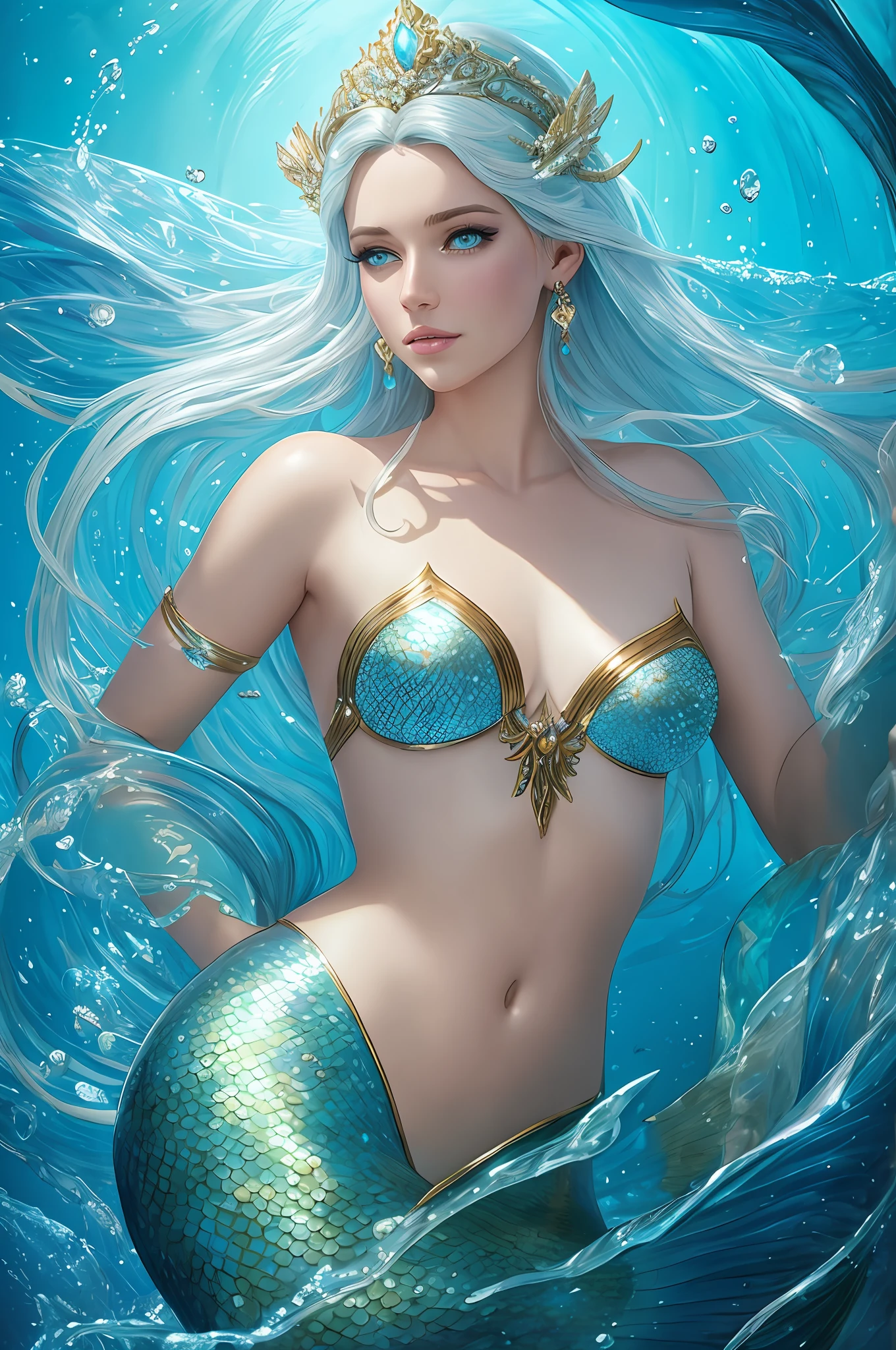 (Masterpiece, Top Quality, Best Quality, Official Art, Beauty and Aesthetics: 1.2), (Full Body, Medium) beautiful Mermaid, Ethereal, Romantic, white Hair, blue ornaments, neon blue light, Vivid and Beautiful Lighting, mermaid swimming in undersea with the rock castle, and fishes around her, a golden fish in her hand and neon blue light, beautiful mermaid, by Cynthia Sheppard, beautiful fantasy art, very beautiful fantasy art, portrait of mermaid queen, realistic fantasy illustration, magali villeneuve', beautiful digital artwork, closeup fantasy with water magic and magic light, fantasy art behance, graphic artist magali villeneuve, breathtaking fantasy art, portrait of mermaid,