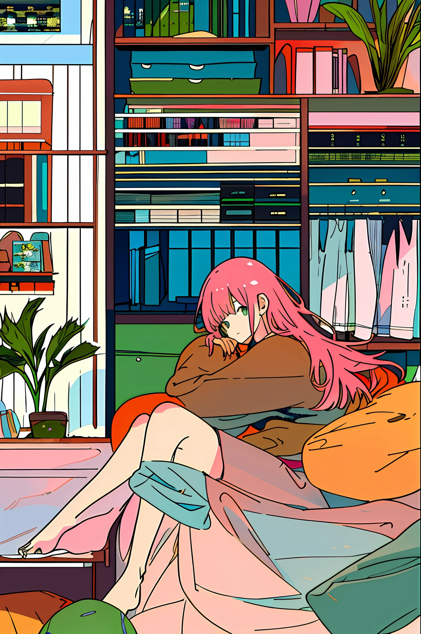 computer looking at bed, girl, from above, plant, pink hair, cat, lying down, indoors, retention, long sleeve, long hair, stuffed animal, potted plant, book, food, window, telephone, loaded interior, television, short hair, on the back, plush animal, bangs, slippers, barefoot, sitting, bookcase, shelf, cable, computer