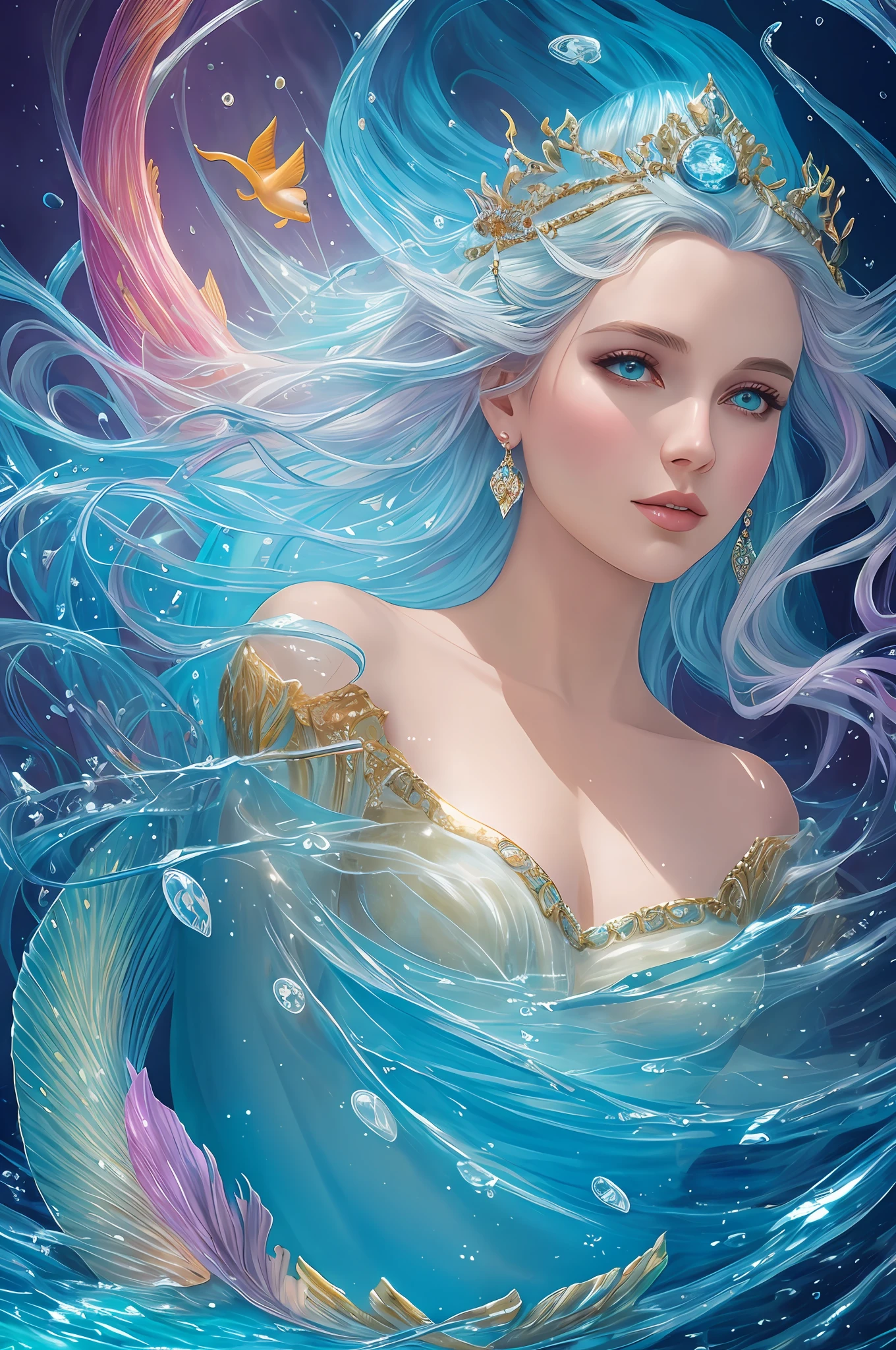 (Masterpiece, Top Quality, Best Quality, Official Art, Beauty and Aesthetics: 1.2), (Full Body, Medium) beautiful Mermaid, Ethereal, Romantic, white Hair, blue ornaments, neon blue light, Vivid and Beautiful Lighting, mermaid swimming in undersea with the rock castle, and fishes around her, a golden fish in her hand and neon blue light, beautiful mermaid, by Cynthia Sheppard, beautiful fantasy art, very beautiful fantasy art, portrait of mermaid queen, realistic fantasy illustration, magali villeneuve', beautiful digital artwork, closeup fantasy with water magic and magic light, fantasy art behance, graphic artist magali villeneuve, breathtaking fantasy art, portrait of mermaid,