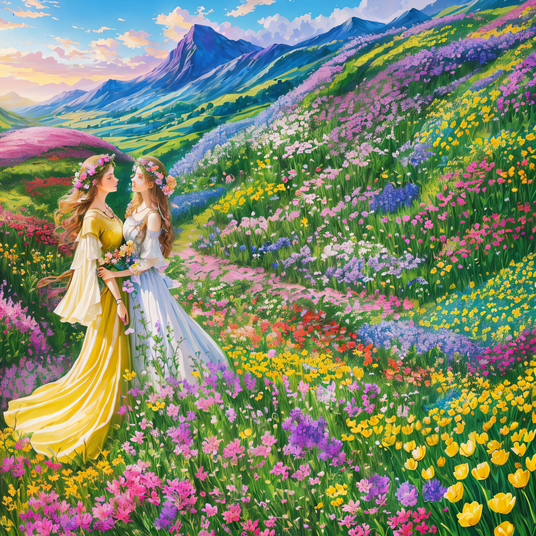 painting of two women in a field of flowers, a goddess in a field of flowers, in a field of flowers, field of fantasy flowers, mythical floral hills, persephone in spring, coronation of the flower prince, in a field with flowers, beautiful painting, fantasy beautiful, beautiful art uhd 4 k, beautiful art, inspired by Josephine Wall, flower artworks society