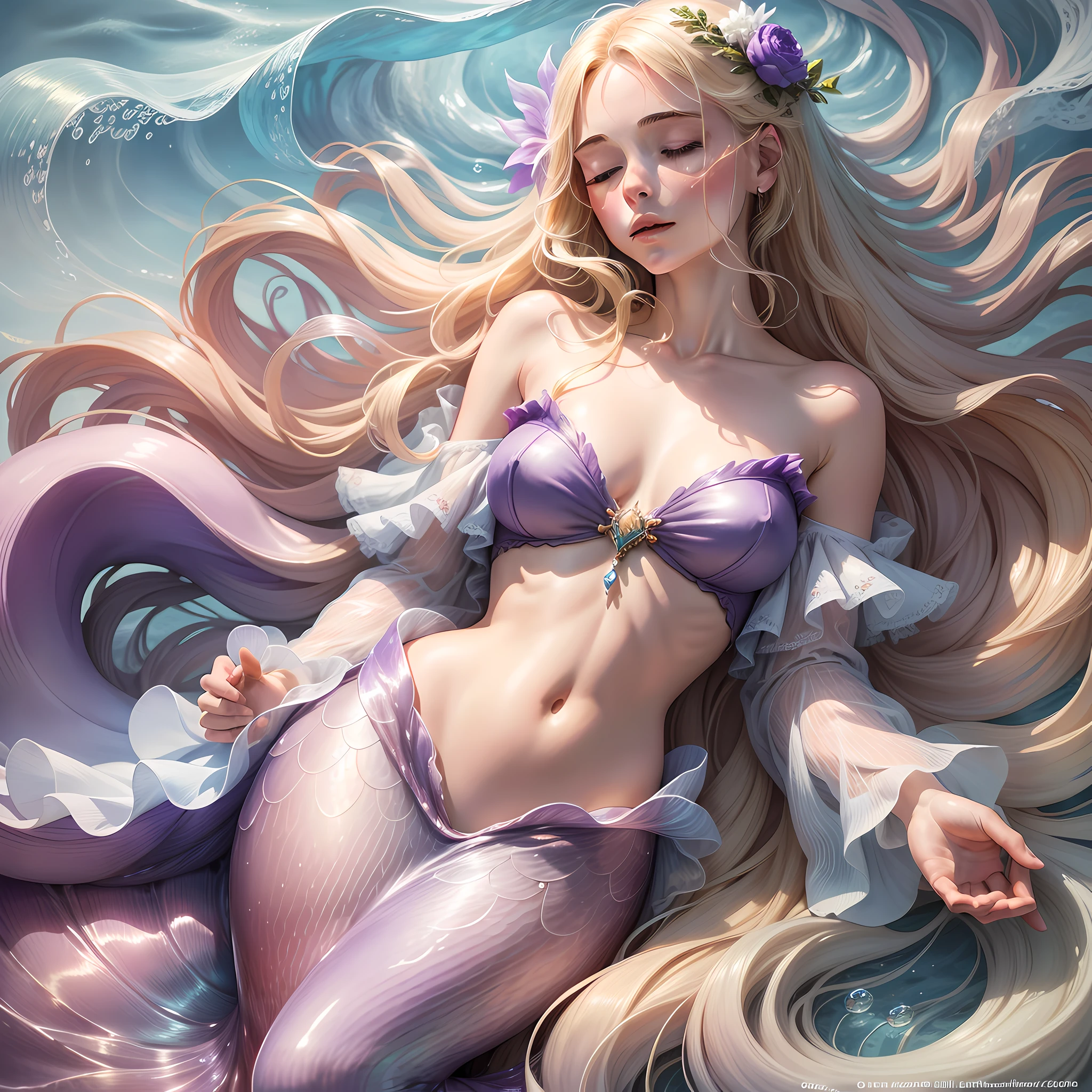"Better quality, extraordinarily detailed illustration. Floating on his back, in a dreamy sea, eyes closed, a trail of gently flowing air bubbles, hair of multiple colors: blonde, red, purple and blue, billowing white clothes, like a mermaid."