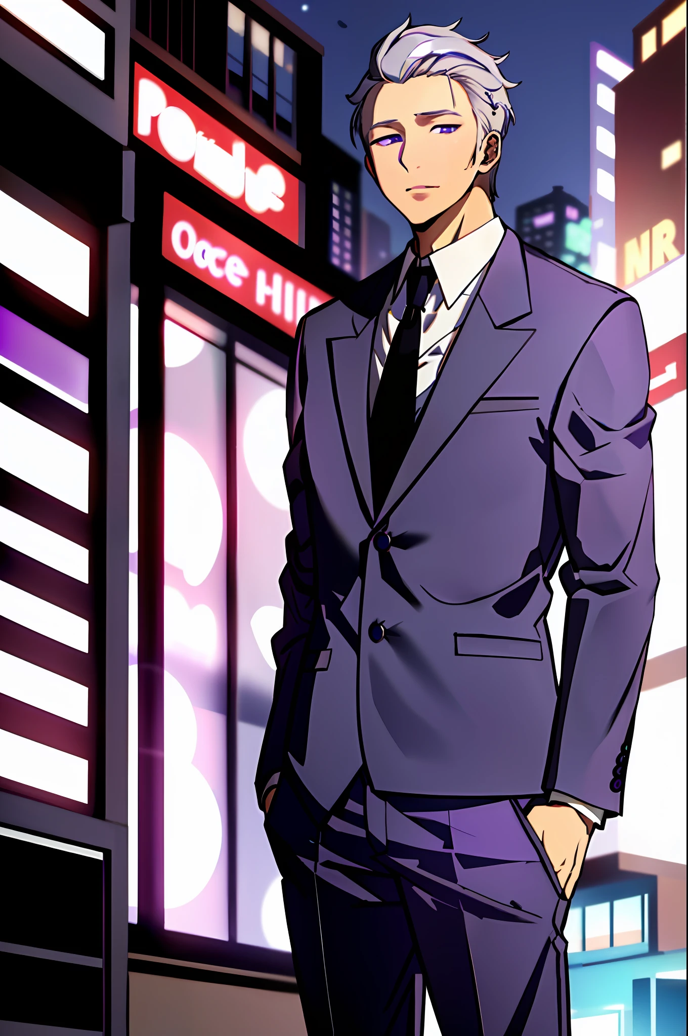 masterpiece, night, city, 1guy, gray hair, purple eyes, light from the eyes, white collared shirt, trousers,