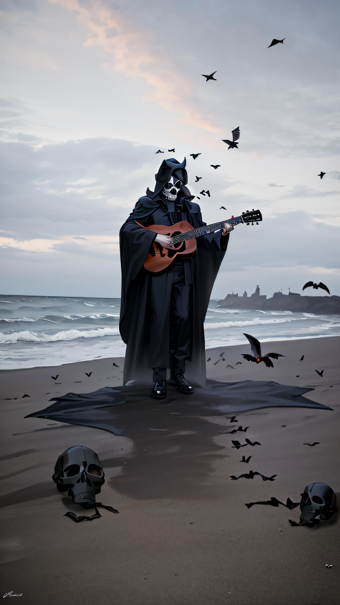 (((darkness skull face))), (crows fly in the sky), demonic eyes, (man standing up) in black cape and hat playing guitar on fire on a beautiful beach, dressed in a black robe, still from a music video, wearing a black robe, wearing a black robe, singer-songwriter, singer-songwriter, vantablack cloak, dressed in an ebony robe, woman in black robes, a black robe, inspired by Ruth Brandt, (rock n roll guitar) Male