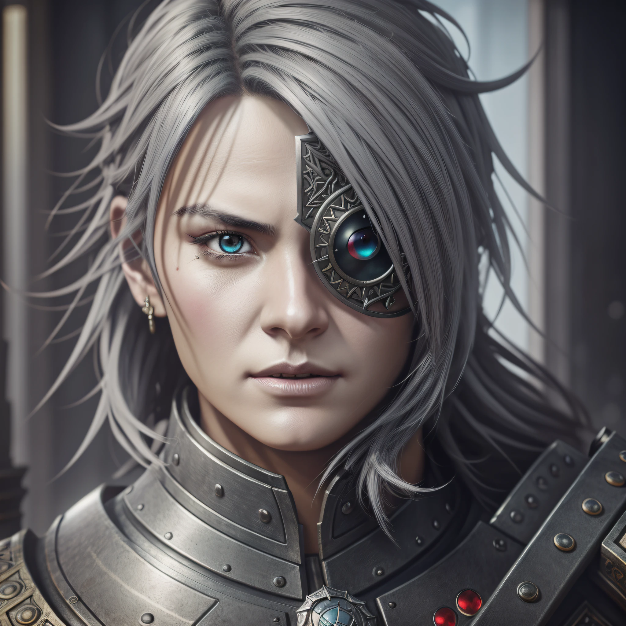 oil painting, one eye patch, inkpunk, fantasy, male, swordsman, perfect face with ashen grey hair and short goatee, and with vibrant red eyes, Metal Pauldron in his shoulder, UHD, hd , 8k eyes, detailed face, 8k eyes, intricate details, insanely detailed, masterpiece, cinematic lighting, 8k, octane render, unreal engine, artwork, concept art, digital art, character art portrait, matte fantasy painting