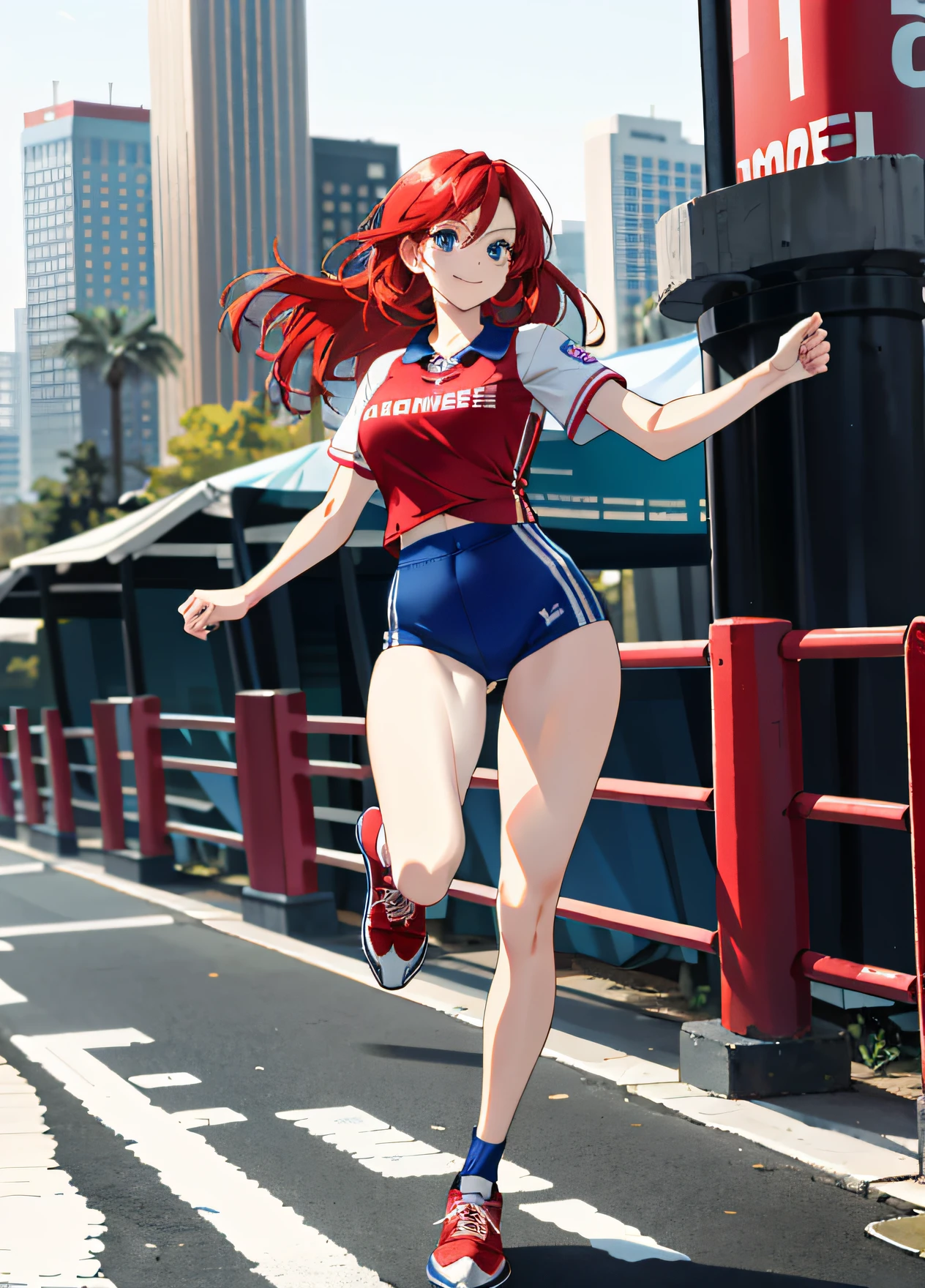 Character woman, marathon runner, runner, sports uniform, long red hair, thin waist, wide hips, blue eyes, large breasts, full body, standing, strong legs, sports shoe, happy expression, urban city, hi-res,