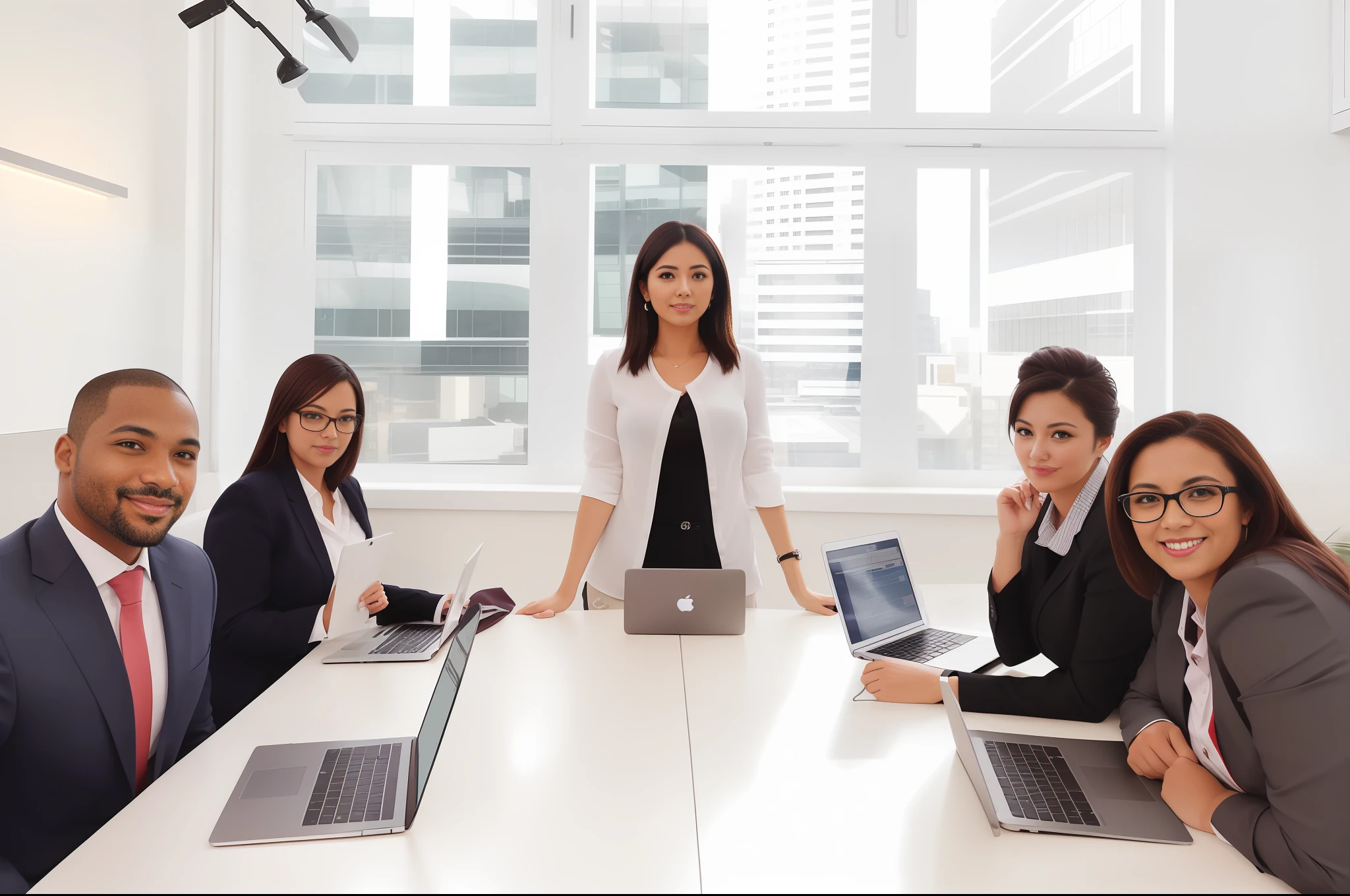 there are a group of people sitting around a table with laptops, professional image, on a desk, group sit at table, in a meeting room, center focused, working in an office, center focus on table, advertising photo, womanhood”, photo of a beautiful, various posed, serious business, amazing professional picture, professional picture, looking confident, confident looking, confident pose