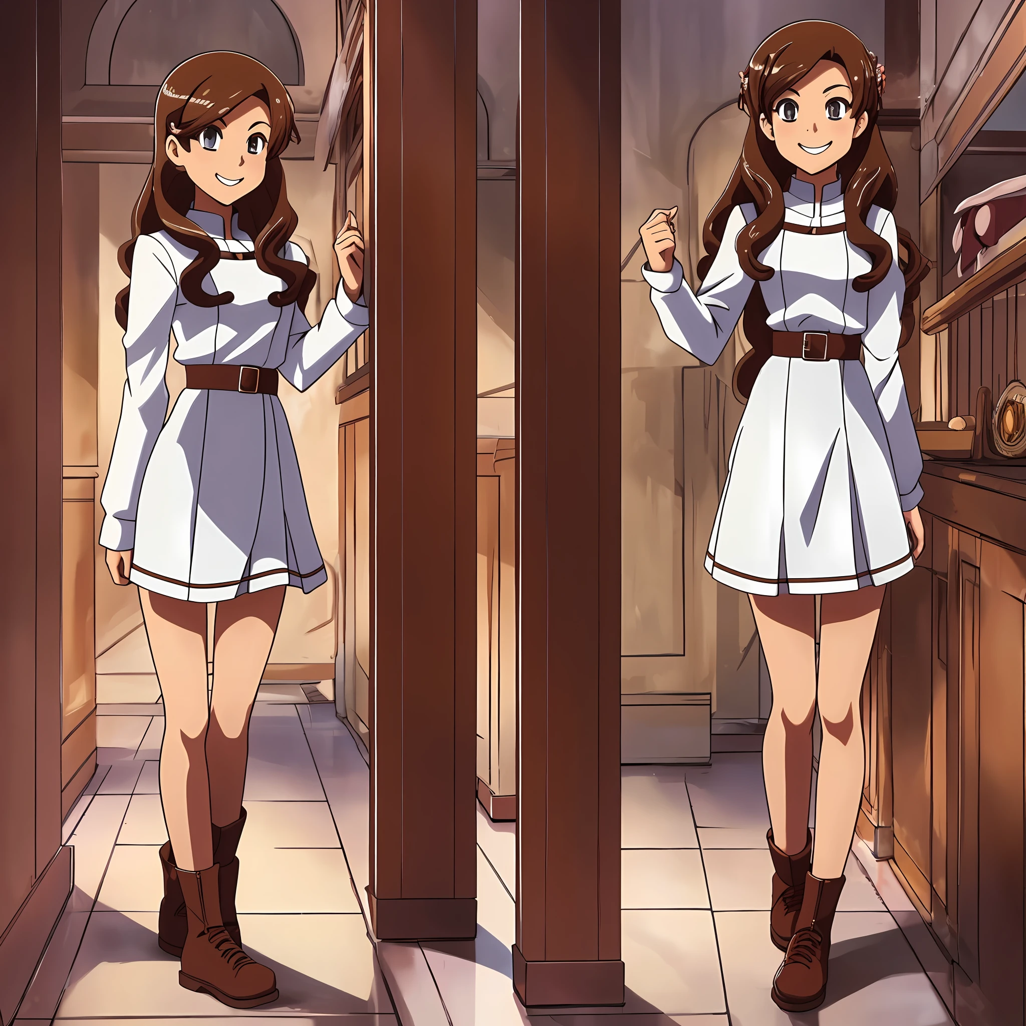 perfect anime illustration, multiple girls, clones, identical sisters, brown hair, curly hair, long hair, matching hairstyle, hazel eyes, smiling, casual outfits, matching outfits, highres, bedroom, full body, bare legs, neat rows of sisters, neat columns of sisters, sisters standing in formation, sisters in background
