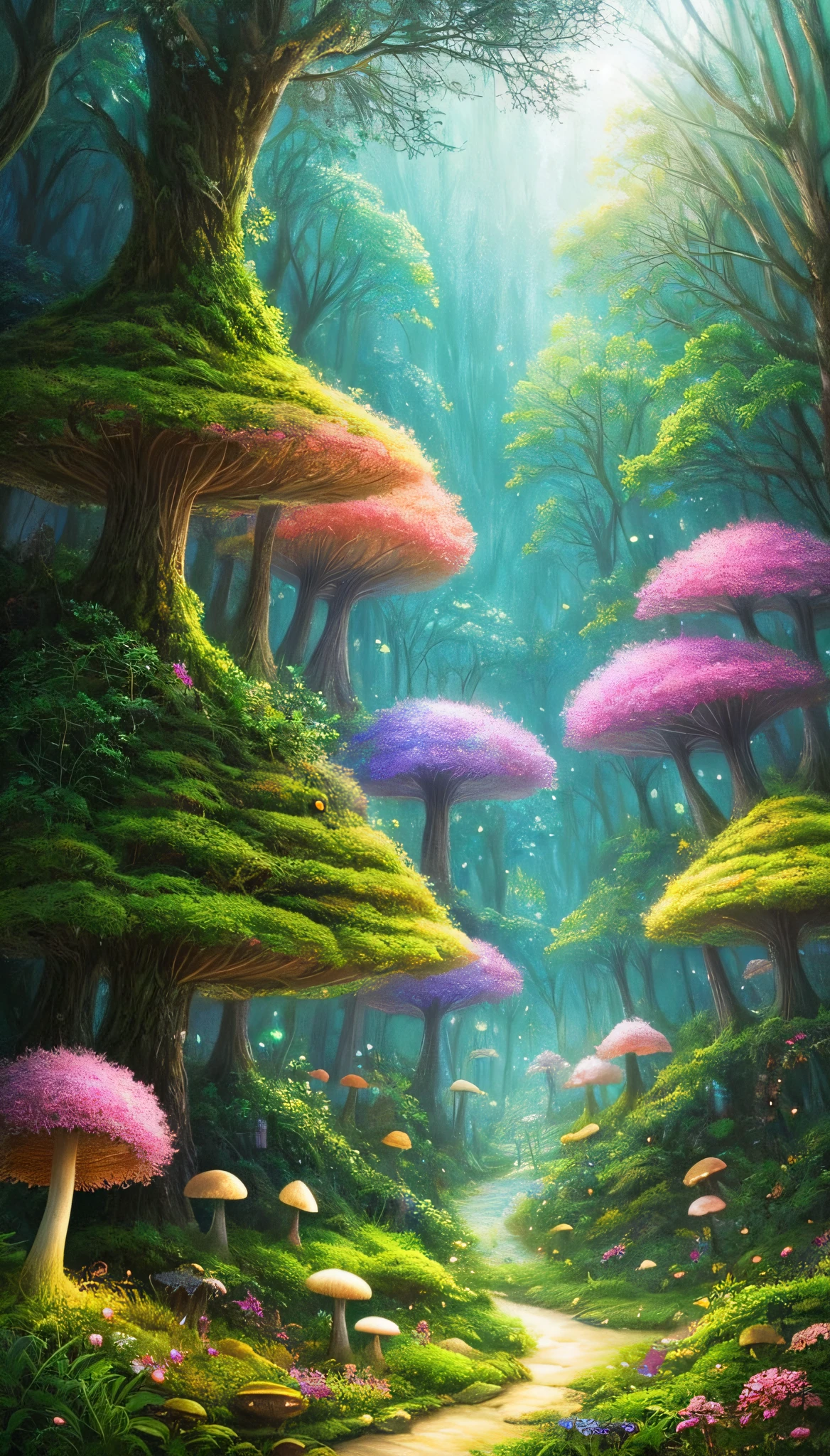 An enchanting and dreamy scene of a fantasy forest, with towering trees, glowing mushrooms, and hidden fairy glens, creating a sense of mystique and enchantment, artstation, digital illustration, intricate, trending, pastel colors