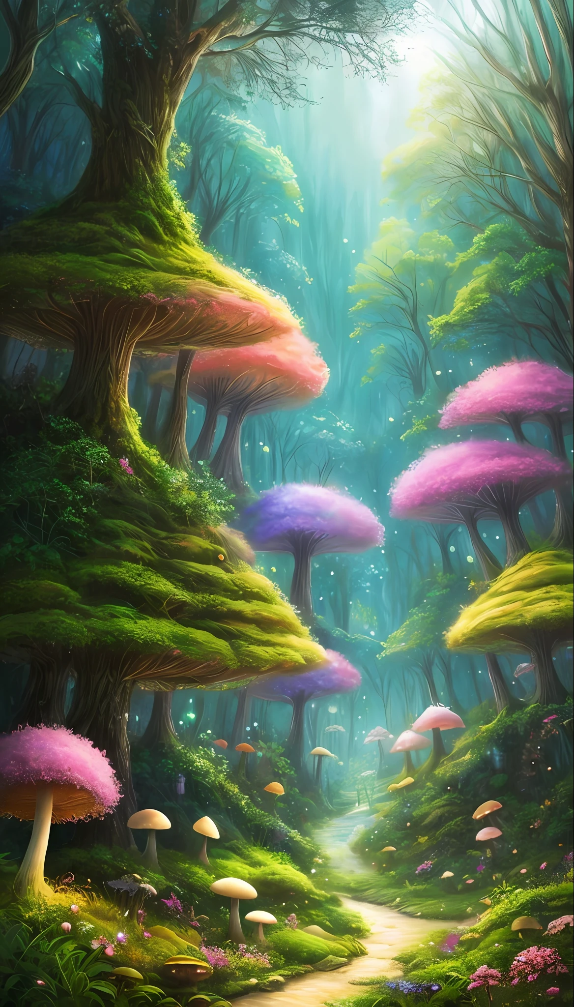 An enchanting and dreamy scene of a fantasy forest, with towering trees, glowing mushrooms, and hidden fairy glens, creating a sense of mystique and enchantment, artstation, digital illustration, intricate, trending, pastel colors