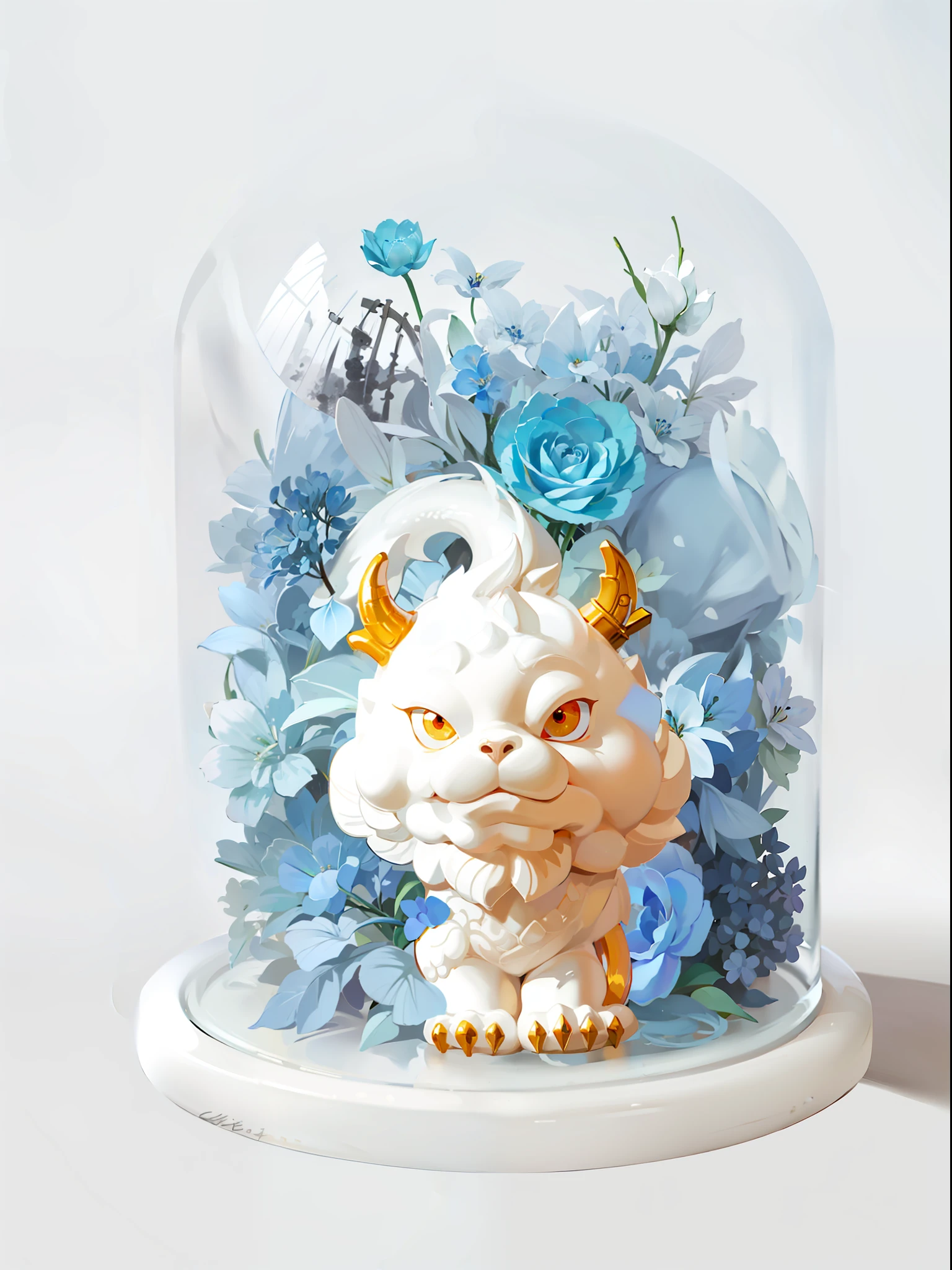 (White Chinese Dragon: 1.5, Golden Dragon Horn, Seated: 1.5, Resin and Clay Art, Oval Glass Cover, Rich Light Blue Flowers, Filling the Entire Glass Cover, Chinese Dragon: 1.1) --auto --s2
