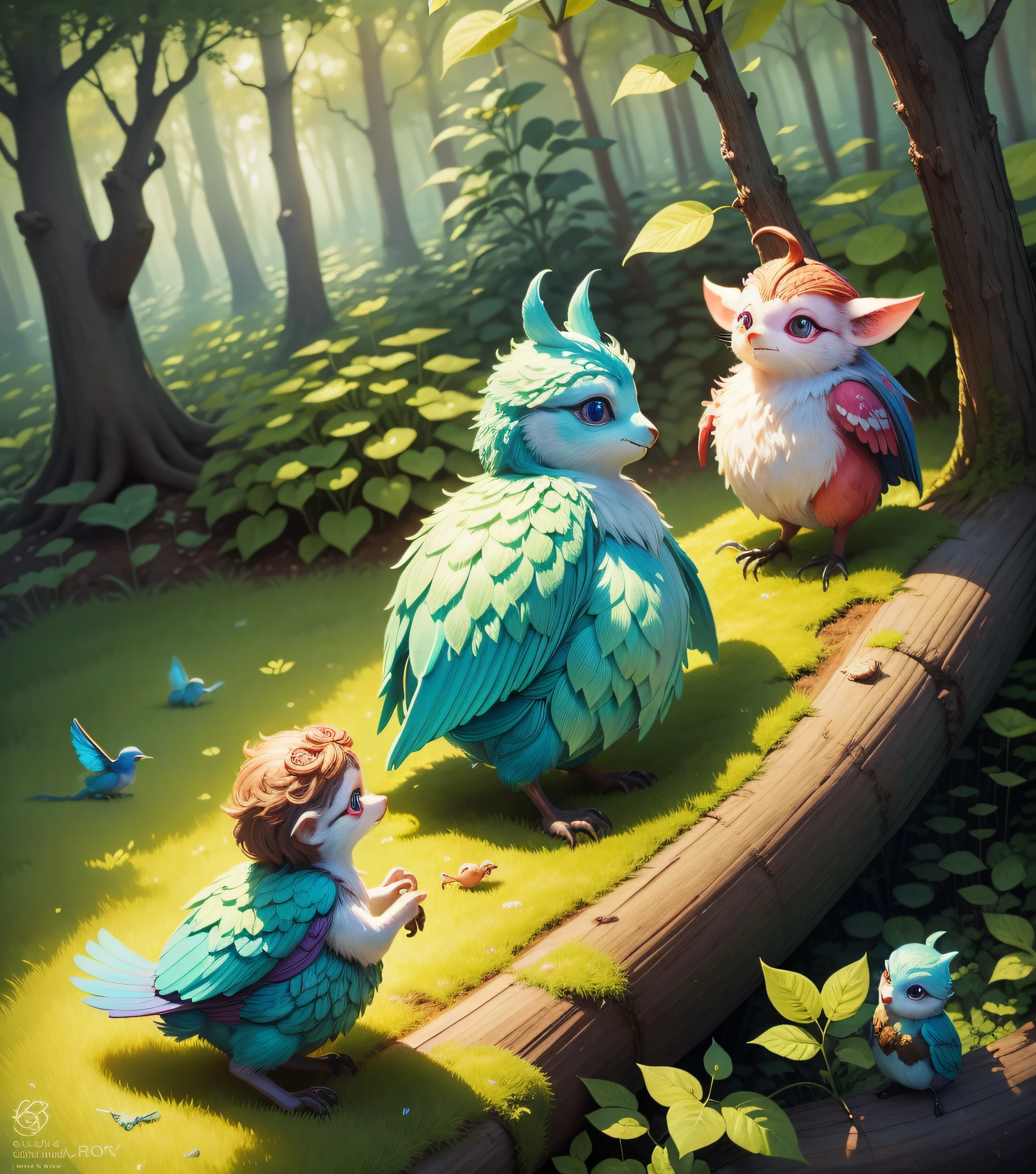 A very detailed, colorful illustration of several little enchanted beings from the magical world, in a beautiful forest, to be used as a story of a children's book, ((high resolution)), many details, watercolor style, 8k, disney style