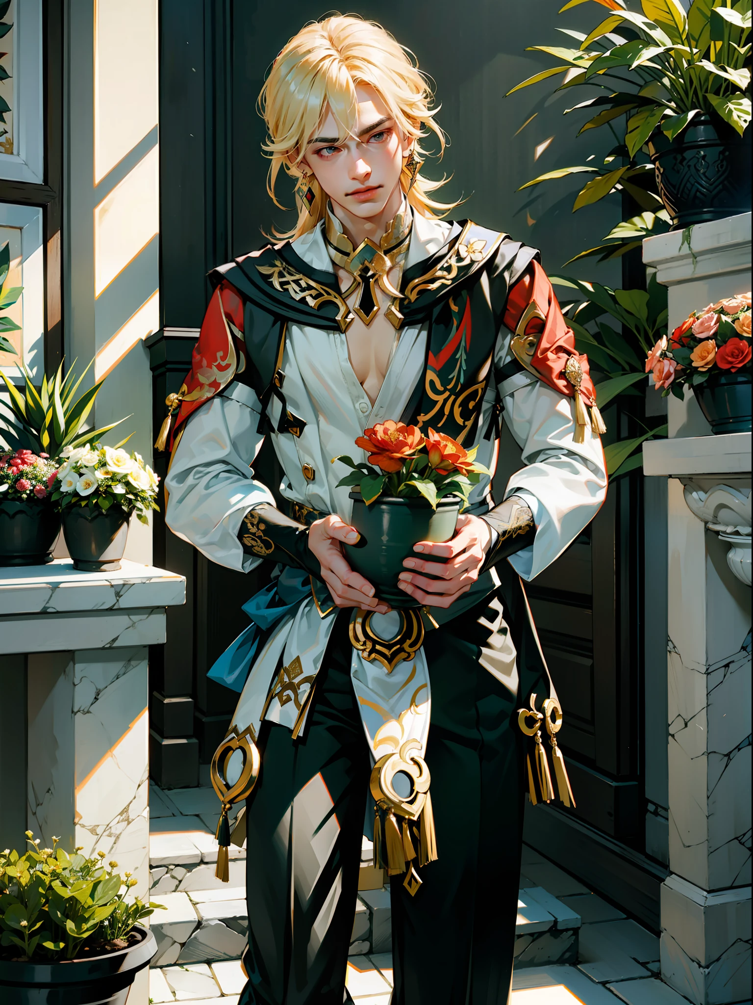 extremely delicate and beautiful, Amazing, finely detail, masterpiece, ultra-detailed, highres,best illustration, best shadow,intricate,sharp focus,  high quality, 1male, solo, blond hair. red eyes, kaveh genshin impact, flowershop front, flowers in pots, flowers for sale, holding flowers in a pot with his hands, flowers in hands, flower pot in hands