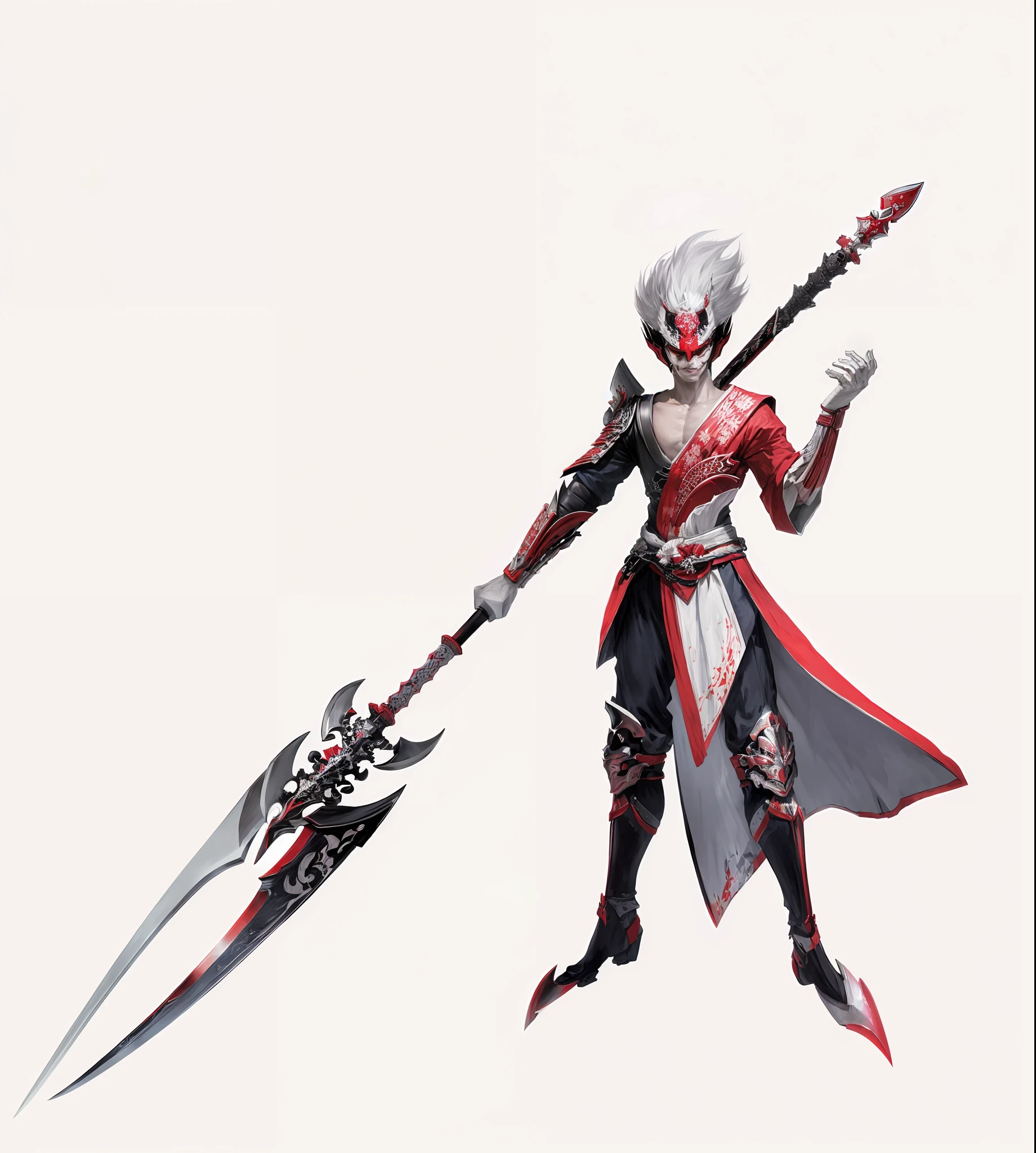 Highest quality, masterpiece, white-haired samurai with mask, legendary god holding halberd, white background,,