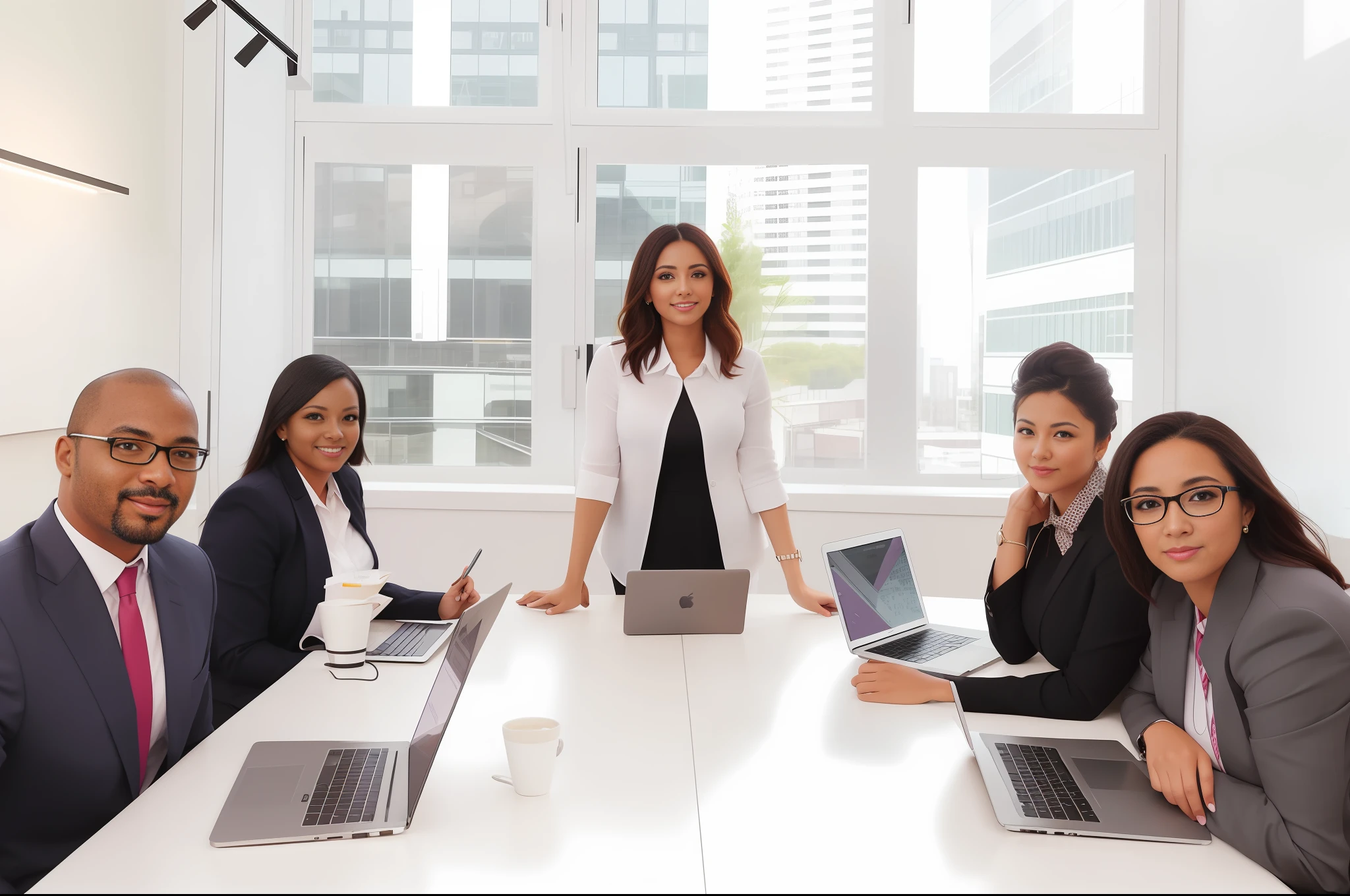 there are a group of people sitting around a table with laptops, professional image, on a desk, group sit at table, in a meeting room, center focused, working in an office, center focus on table, advertising photo, womanhood”, photo of a beautiful, various posed, serious business, amazing professional picture, professional picture, looking confident, confident looking, confident pose