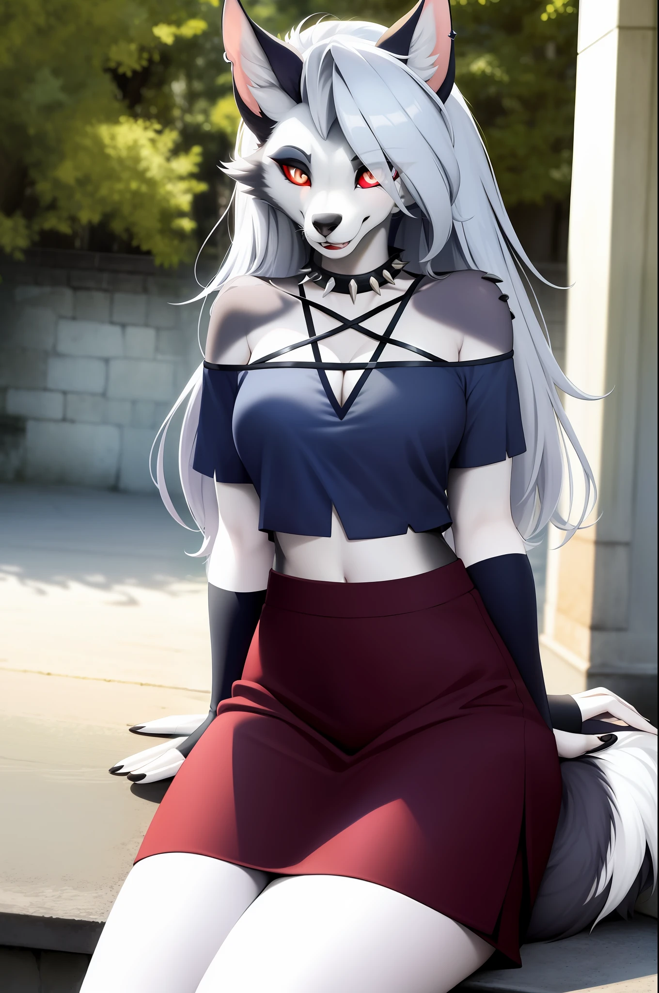 masterpiece, best quality, facial portrait of a female anthro loona hellhound, loonacroptop, detailed face, detailed eyes, cropped pupils, white eyes, red sclera, happy, [smile, [spiked necklace], pentagram], sitting, looking at the viewer, outside, nature in the background, coquettish but happy, happy expression, somewhat large thighs