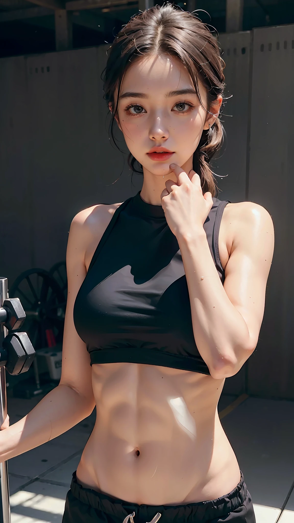((Best Quality, 4K, Masterpiece: 1.3)), a beautiful woman with perfect figure: 1.4, (Abs, developed hand muscles: 1.2), dark brown hair, sweatpants, wet body, gym, highly detailed facial and skin texture, detailed eyes, double eyelids
