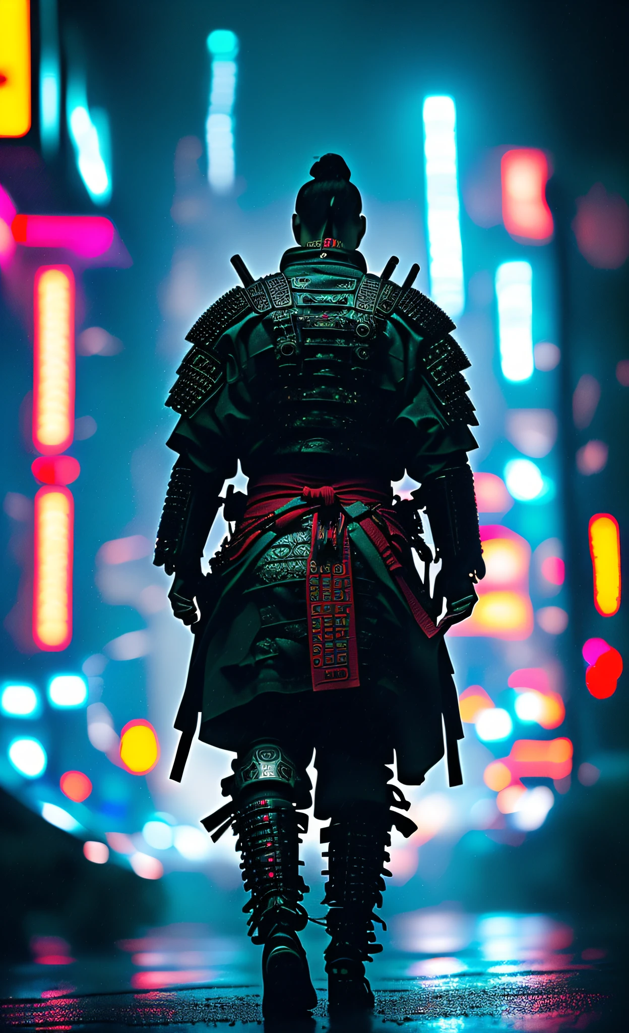 glamour shot of samurai, the Cyberpunk samurai, surrounded by city neon lighting, realistic, realistic, morbide, dark, very detailed, rendered in octane, wet, dense atmospheric, epic, dramatic, empty, creepy, trail cam footage, photorealistic, hyperornate details, photographed by Irakli Nadar and Reylia Slaby, bokeh, particuls, ultra detail