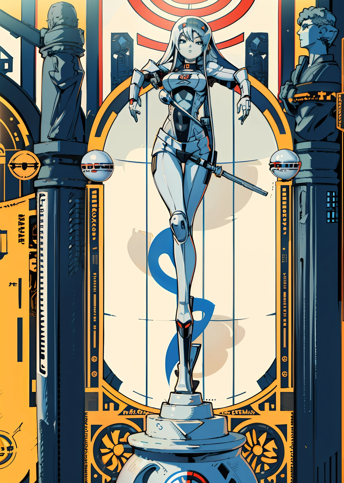 poster, (((girl, statue, text, chrome, logos, globe with grid))