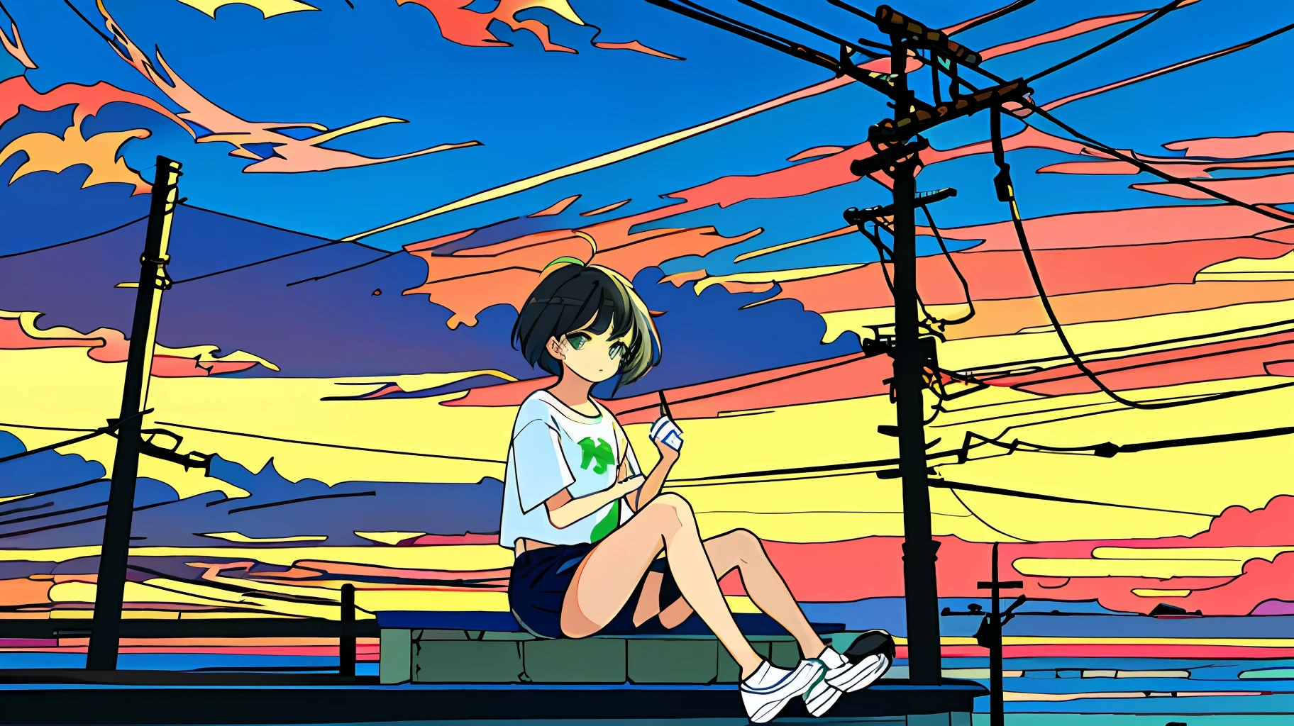 masterpiece, intricate detail,best quality, 1girl, solo, tetra pot, sea, sunset, clouds, sitting, outdoors, short hair, shoes, sky, sneakers, power lines, white footwear, black hair, looking at viewer, telephone pole, bangs, cloudy sky, bird, green eyes, shorts, animal, day, white t-shirt, bare feet