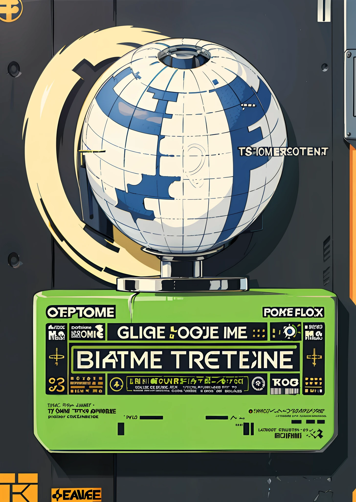 poster, ((man, statue, text, chrome logo, logos, globe with grid))