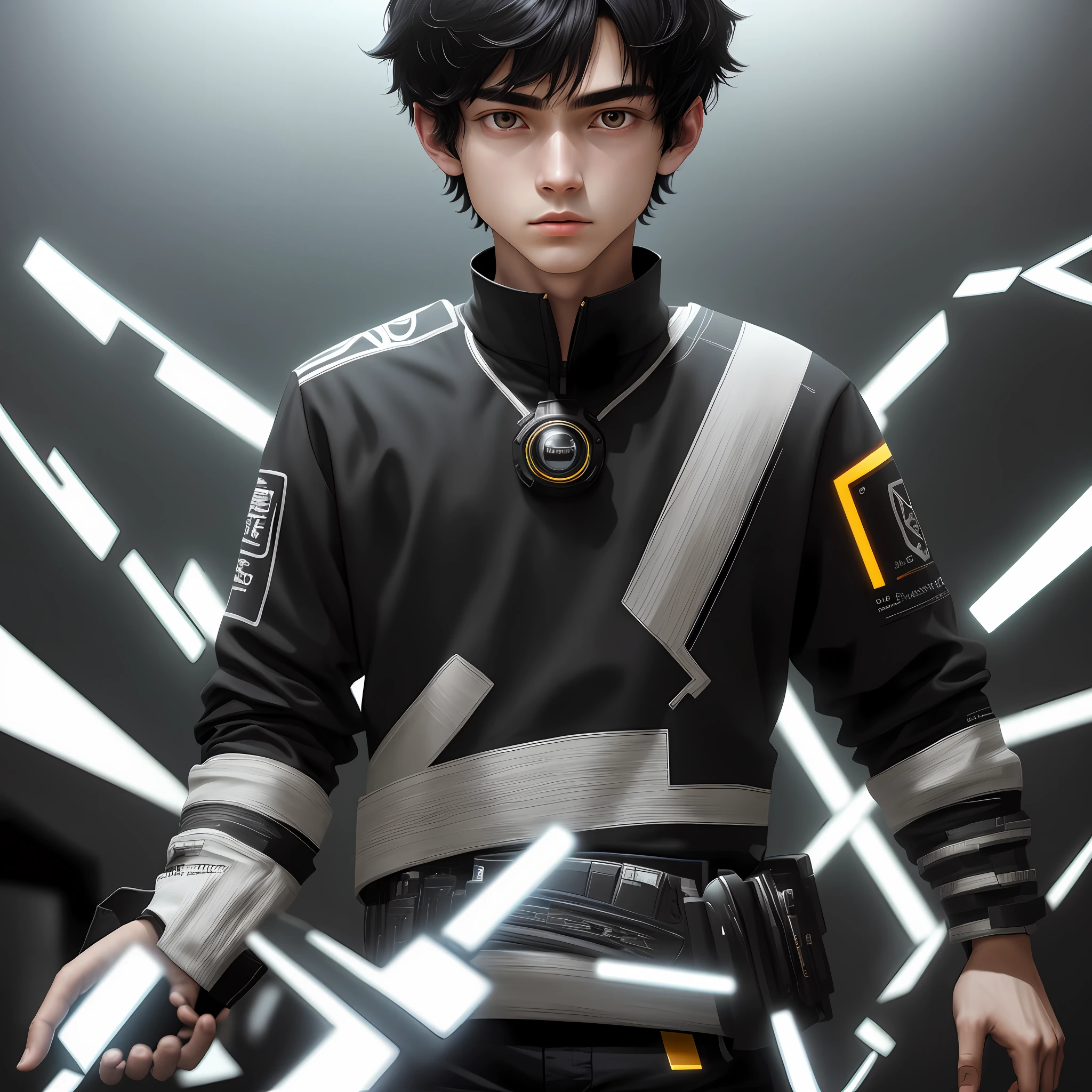 (Masterpiece: 1.5), (Best Quality: 1.5), High Resolution, Highly Detailed, 3DMM, One Boy, Soloist, Speaker, Leader, Serious, Future Technology Performance, Data, Low Contrast, Vivid Lighting, Atmospheric Depth, Superb Technology, Harmonious Composition, Creative Refinement, Stunning Juxtaposition, Evocative Tones, Captivating Colors, Dramatic Lighting, Black Hair, Small Hair, Short Hair, Smaller Hair, Little Hair