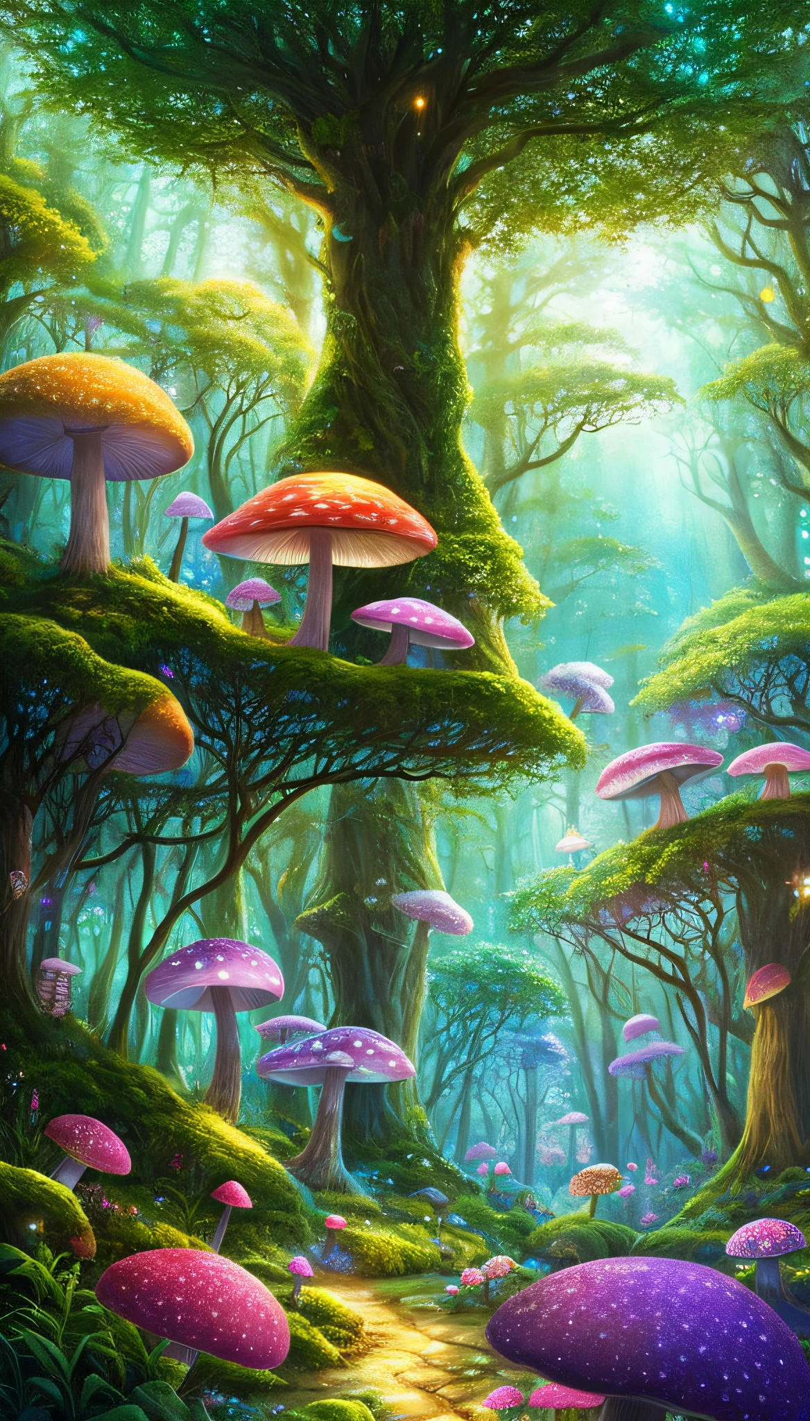 An enchanting and dreamy scene of a fantasy forest, with towering trees, glowing mushrooms, and hidden fairy glens, creating a sense of mystique and enchantment, artstation, digital illustration, intricate, trending, pastel colors