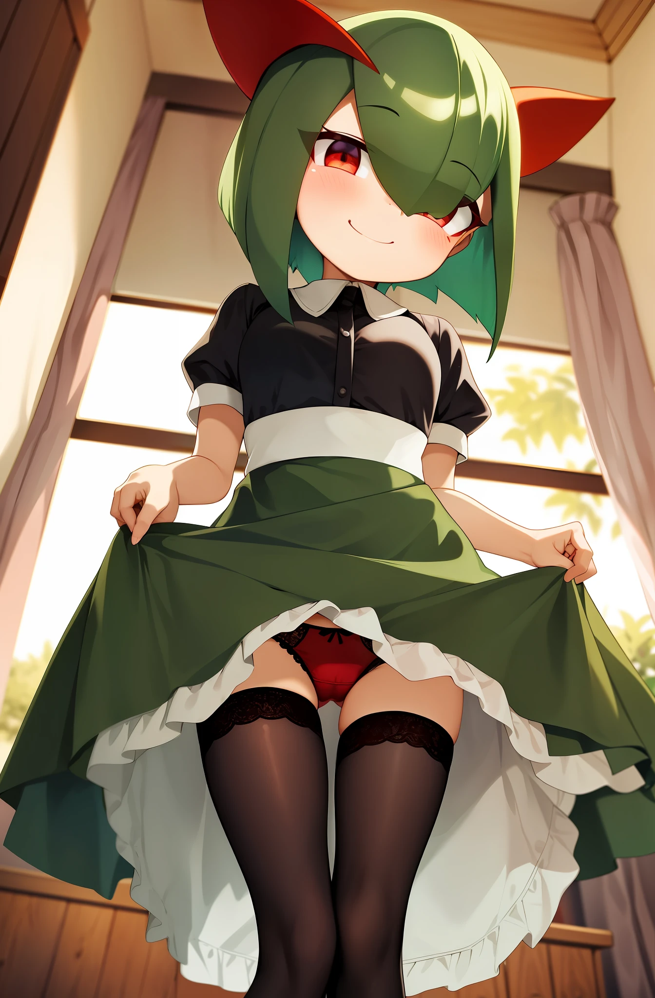 masterpiece, best quality, 1 girl, alone, kirlia, green hair, red eyes, maid dress, green skin, short hair, is lifting her skirt with both hands to show her underwear, wears black tights up to the thigh, wears tight red panties, has a shy smile, is blushing and is looking at the viewer. Big breasts, big breasts, big boobs, cleavage.