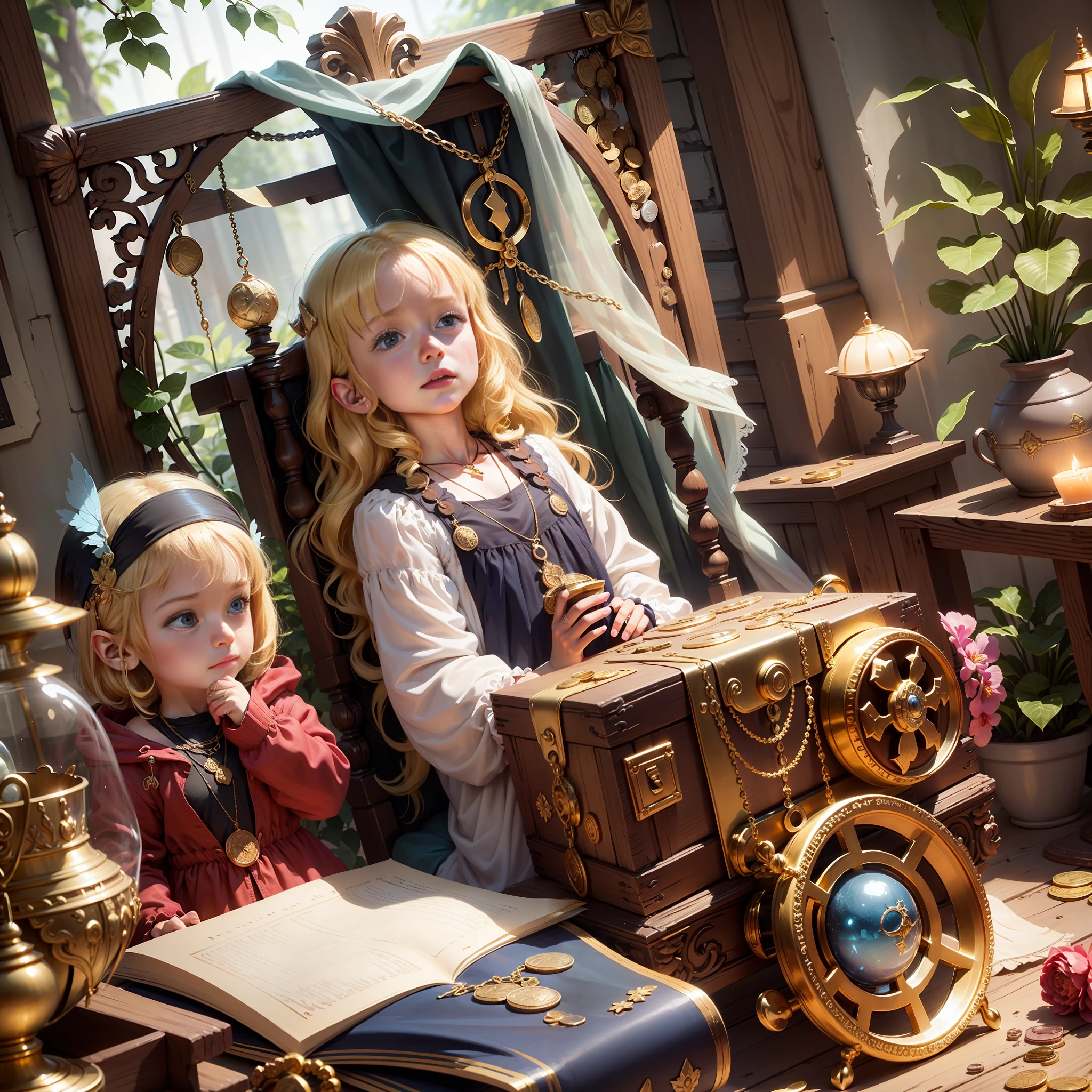 Imagine The Treasure of the Imagination, add treasures, gold, brilliant diamonds, coins, necklaces, jewelry, bowls, add the fairy, blonde, golden, with large wings.
Upon opening the treasure, 3-year-old Laura, a 3-year-old blonde child, found something more valuable than gold coins or shiny jewelry. The treasure was a special box that contained the essence of the imagination. --auto --s2