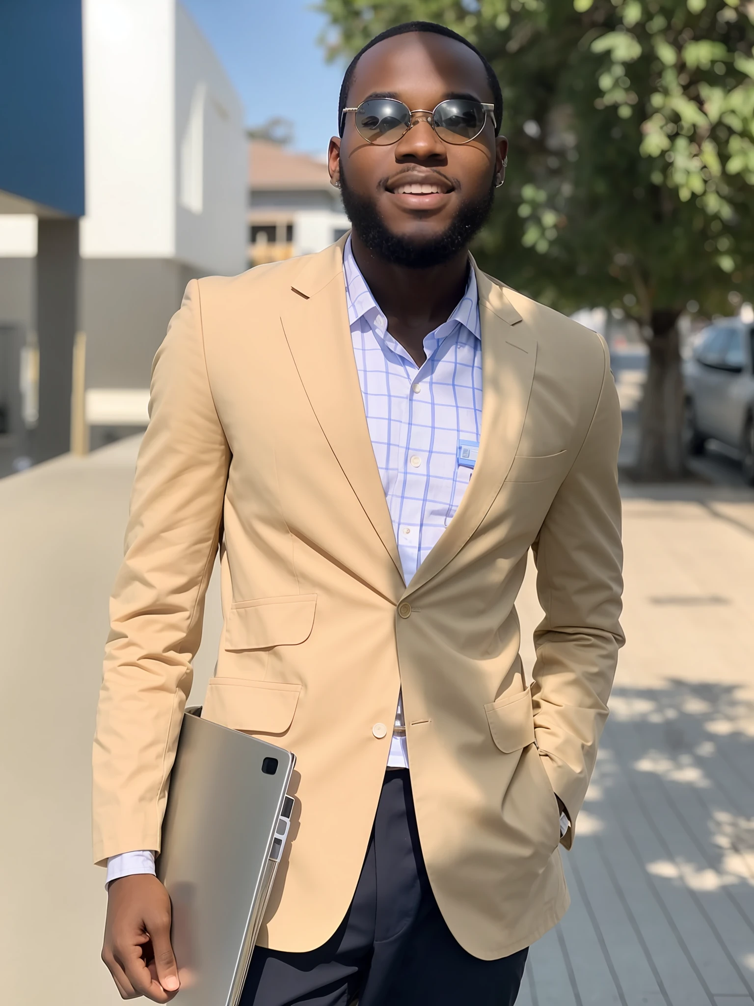 RAW photo, photo of young black man as one (doctor: 1.2), white lab coat, stethoscope, black sunglasses, 8k uhd, dslr, high quality, film grain, Fujifilm XT3