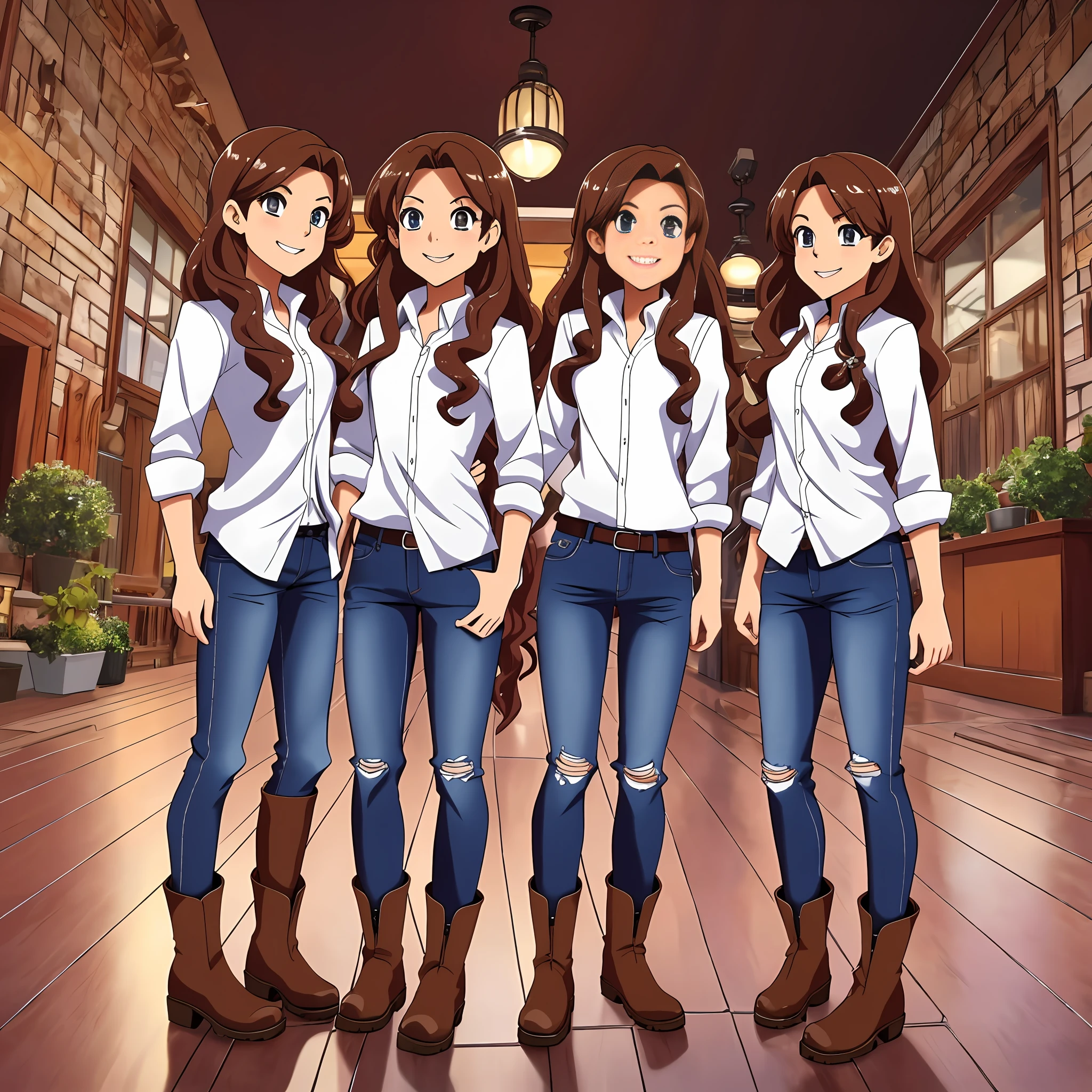 perfect anime illustration, multiple girls, clones, identical sisters, brown hair, curly hair, long hair, matching hairstyle, hazel eyes, smiling, casual outfits, red button up shirt, jeans, boots, matching outfits, highres, bedroom, full body, bare legs, neat rows of sisters, neat columns of sisters, sisters standing in formation, sisters in background