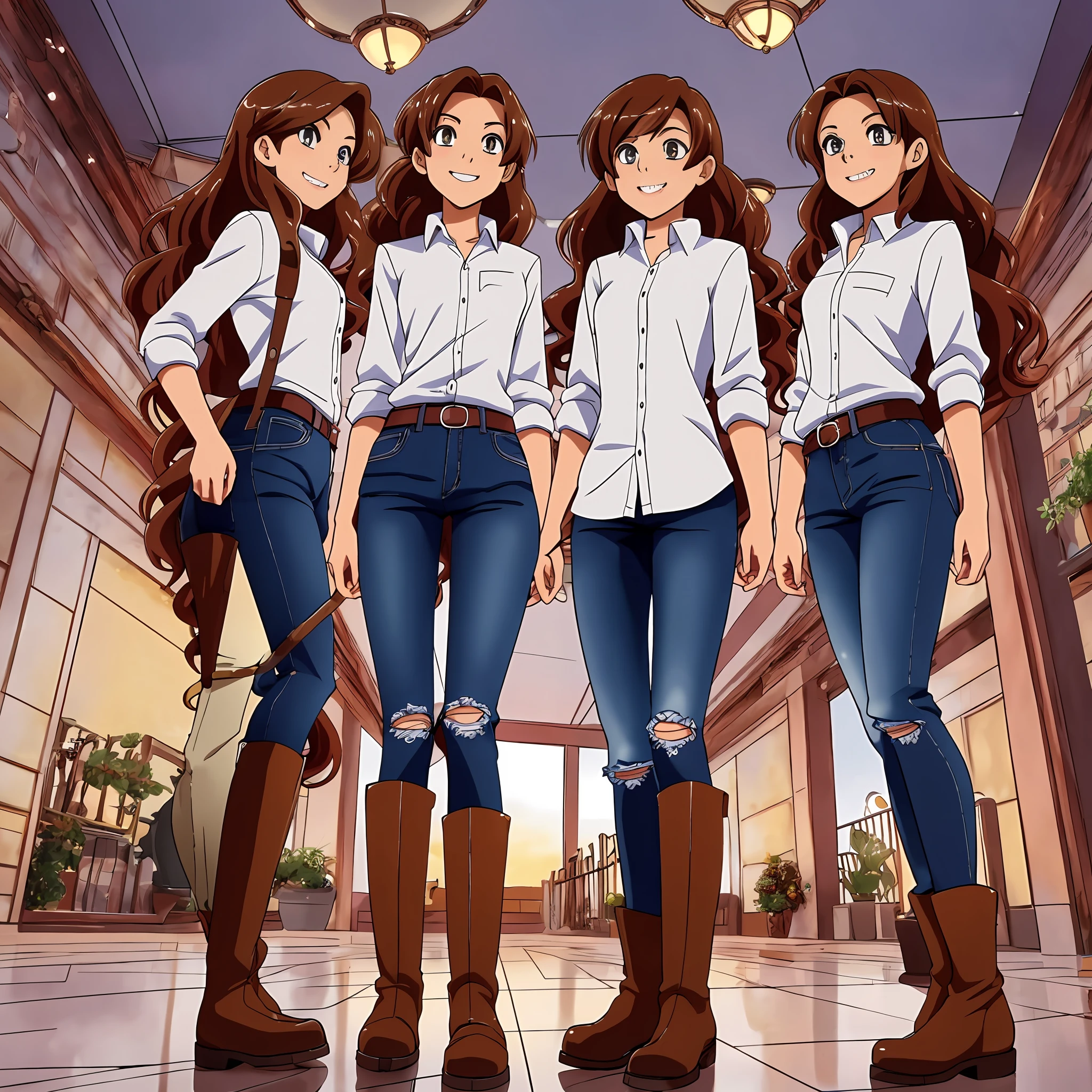 perfect anime illustration, multiple girls, clones, identical sisters, brown hair, curly hair, long hair, matching hairstyle, hazel eyes, smiling, casual outfits, red button up shirt, jeans, boots, matching outfits, highres, bedroom, full body, bare legs, neat rows of sisters, neat columns of sisters, sisters standing in formation, sisters in background