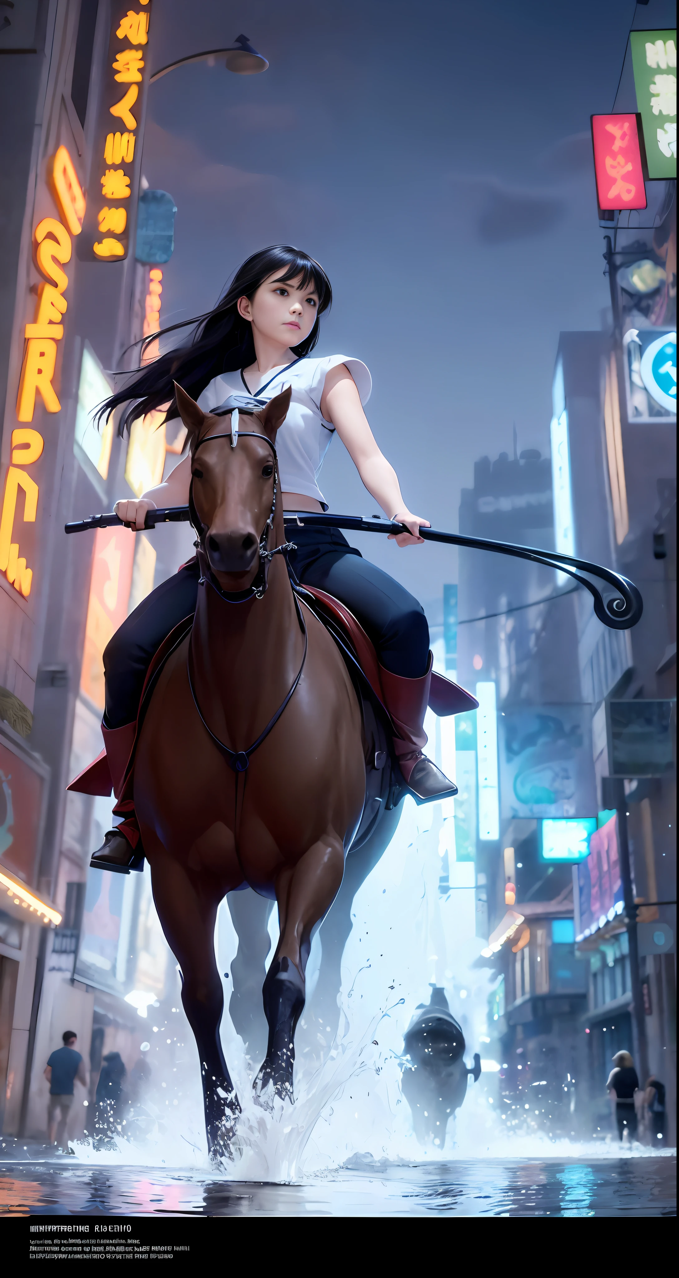 Girl on a horse in a Fantasy World, theme park with a Ferris wheel in background (styles of Mamoru Hosoda, Makoto Shinkai, Wit Studio, CoMix Wave Films, madhouse studio and studio Chizu), full body, hyperdetailed photography, film photography, analog photography, film grain, extreme detail, 12k, ultra hd, hyperrealism, trending on artstation, polished, beautiful, radiant, synesthesia, vibrant, photorealistic, realistic lighting, hair light, 8k ultra hd, unreal engine 5, full length portrait, god rays , hyperrealistic , cinematic, highly detailed , depth of field, Ultra realistic surroundings , real shadows