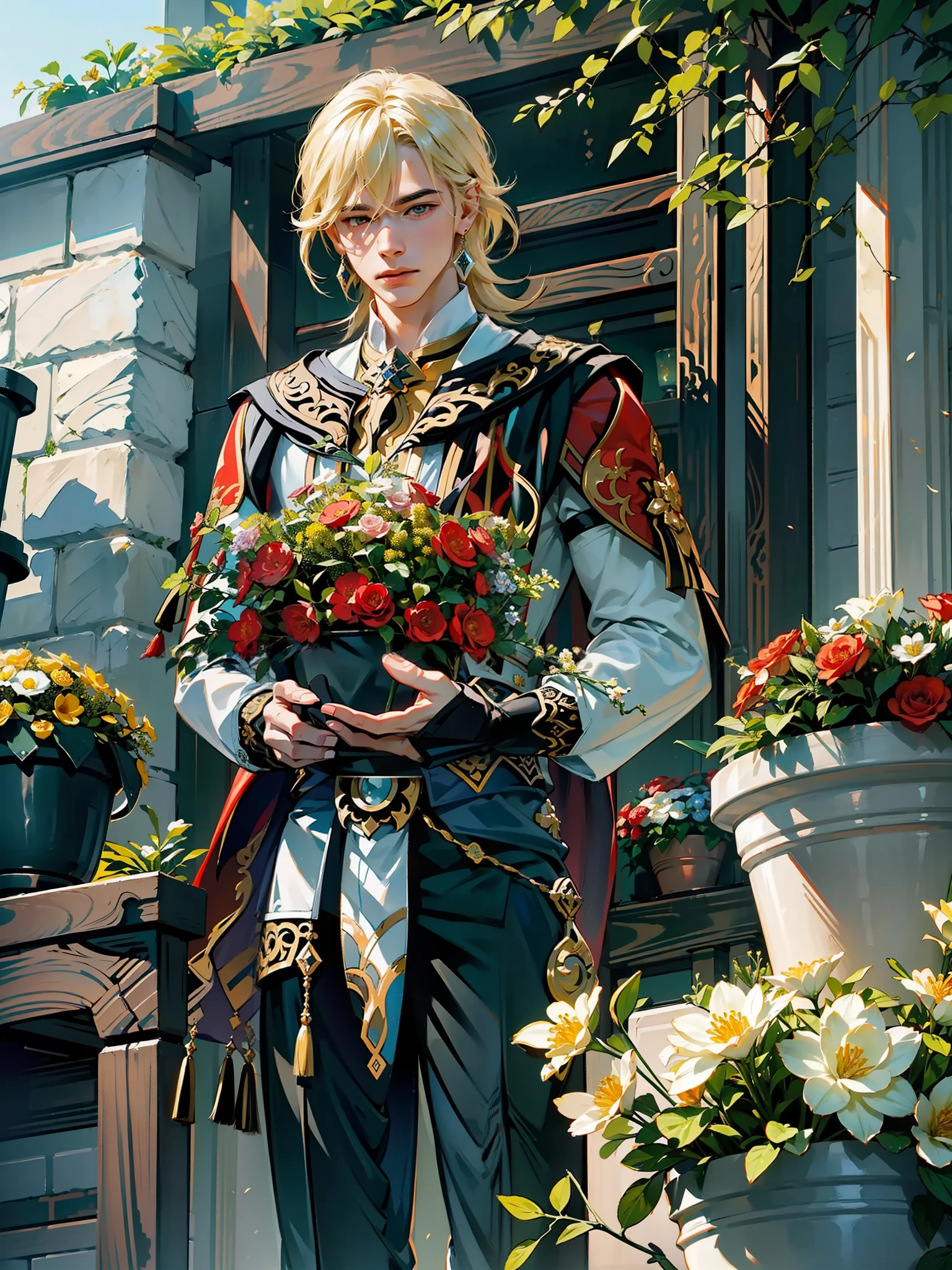 extremely delicate and beautiful, Amazing, finely detail, masterpiece, ultra-detailed, highres,best illustration, best shadow,intricate,sharp focus, high quality, 1male, solo, blond hair. red eyes, kaveh genshin impact, flowershop front, flowers in pots, flowers for sale