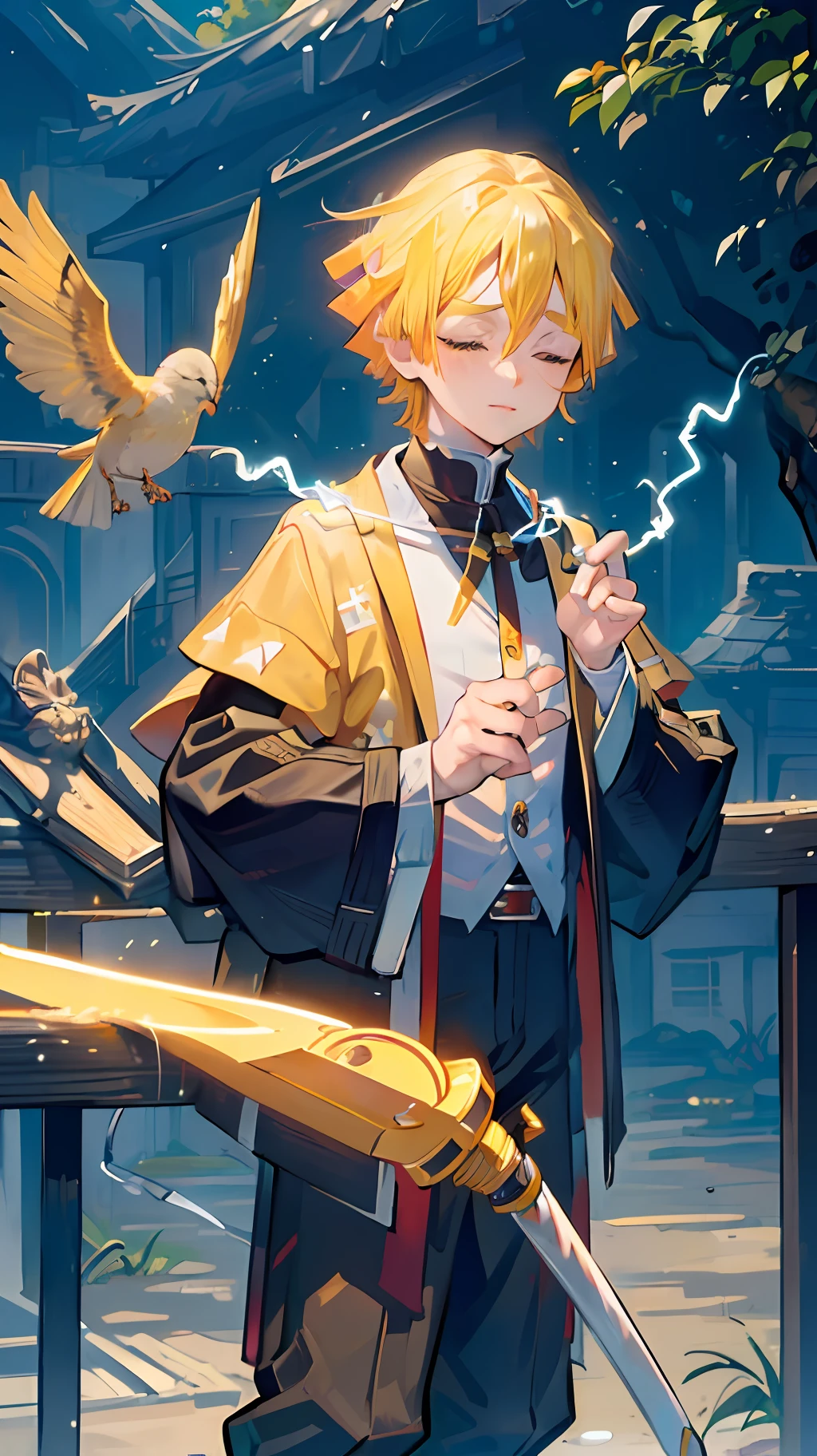 (((master piece))),((best quality)),((((town)))),detailed,1boy,solo,resting, yellow hair,just suit,pants,closed eyes,(((electricity))),katana,holding sword,bird, animal,animal on shoulder,ultra detailed face