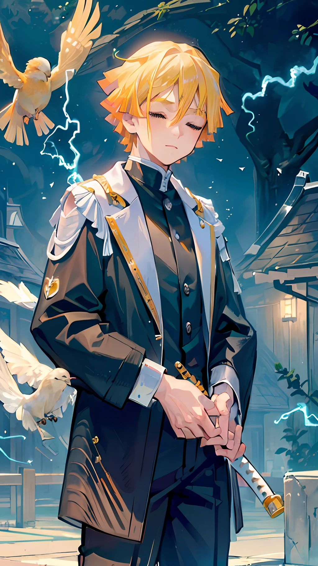 (((master piece))),((best quality)),((((town)))),detailed,1boy,solo,resting, yellow hair,just suit,pants,closed eyes,(((electricity))),katana,holding sword,bird, animal,animal on shoulder,ultra detailed face