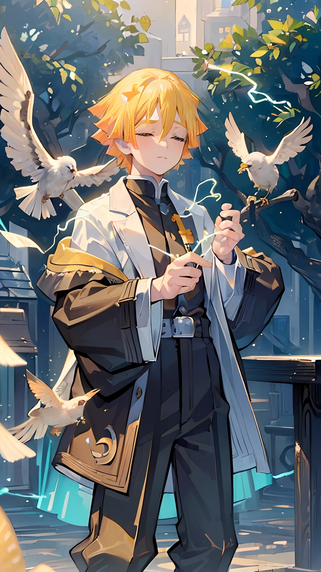 (((master piece))),((best quality)),((((town)))),detailed,1boy,solo,resting, yellow hair,just suit,pants,closed eyes,(((electricity))),katana,holding sword,bird, animal,animal on shoulder,ultra detailed face