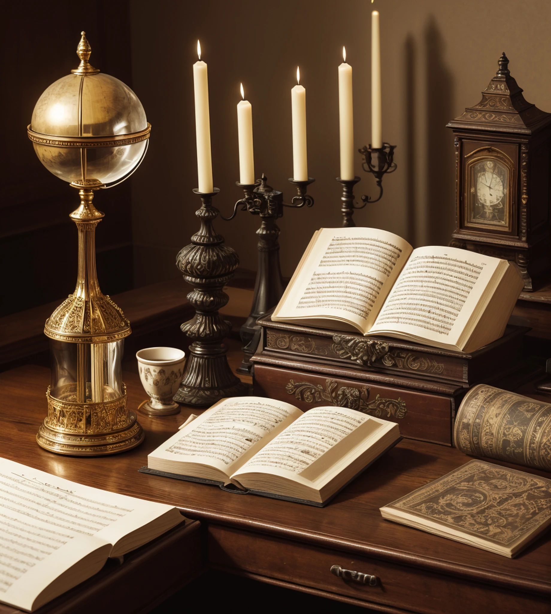 RAW, analog style, close up photo, there is a group of objects on a wooden table: violin, sheet music, map, globe, book, globe, hourglass, candle, sword, flowers and fruits, candlestick, in the background 18th century Baroque castle room environment, antique furnitures, draperies, darkened room, soft candle light, cinematic lighting, contrast lighting, dslr, photorealistic, hyperrealistic, neutral colors, lifelike texture, insanely intricate details, amazing fine detail, hyper detailed, film grain, sharp focus, volumetric fog 8k, ultra high res, photographed with Nikon d5600 f5.6 lens 500mm, Kodak portra 400