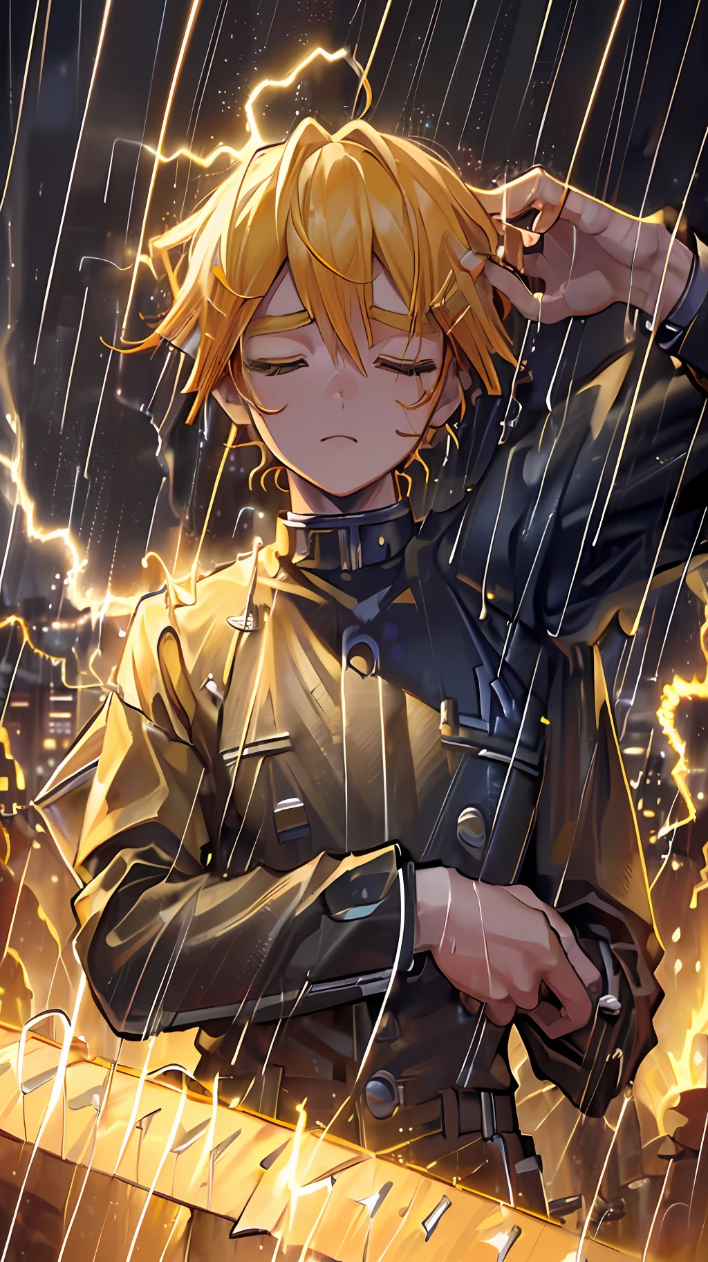 (((masterpiece))),((best quality)),(((((city))),detailed,1boy,solo,victorious posture,yellow hair,closed eyes,(rain),(((electricity)))), katana, holding the sword, ultra detailed face